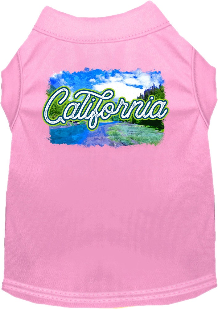 A medium to large pet wearing a soft, screen printed shirt with a vibrant 'California Summer' design, showcasing comfort and style.