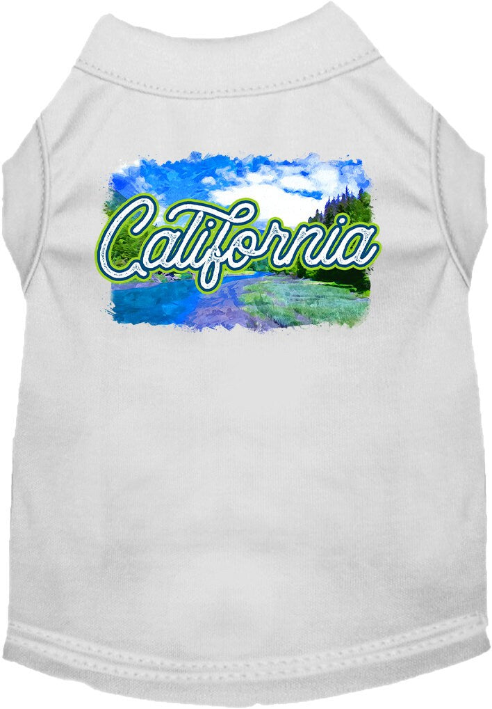 A medium to large pet wearing a soft, screen printed shirt with a vibrant 'California Summer' design, showcasing comfort and style.