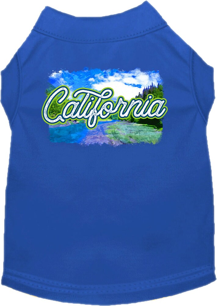 A medium to large pet wearing a soft, screen printed shirt with a vibrant 'California Summer' design, showcasing comfort and style.