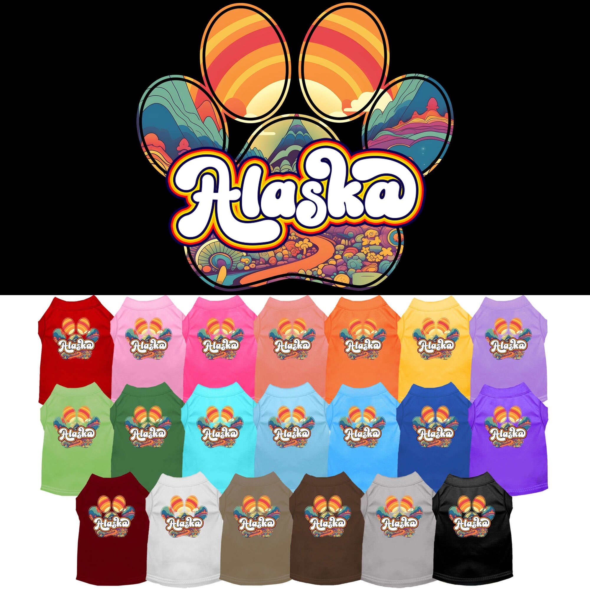 A stylish screen printed shirt for medium to large pets, featuring the 'Alaska Groovy Summit' design, made from a soft cotton-polyester blend.