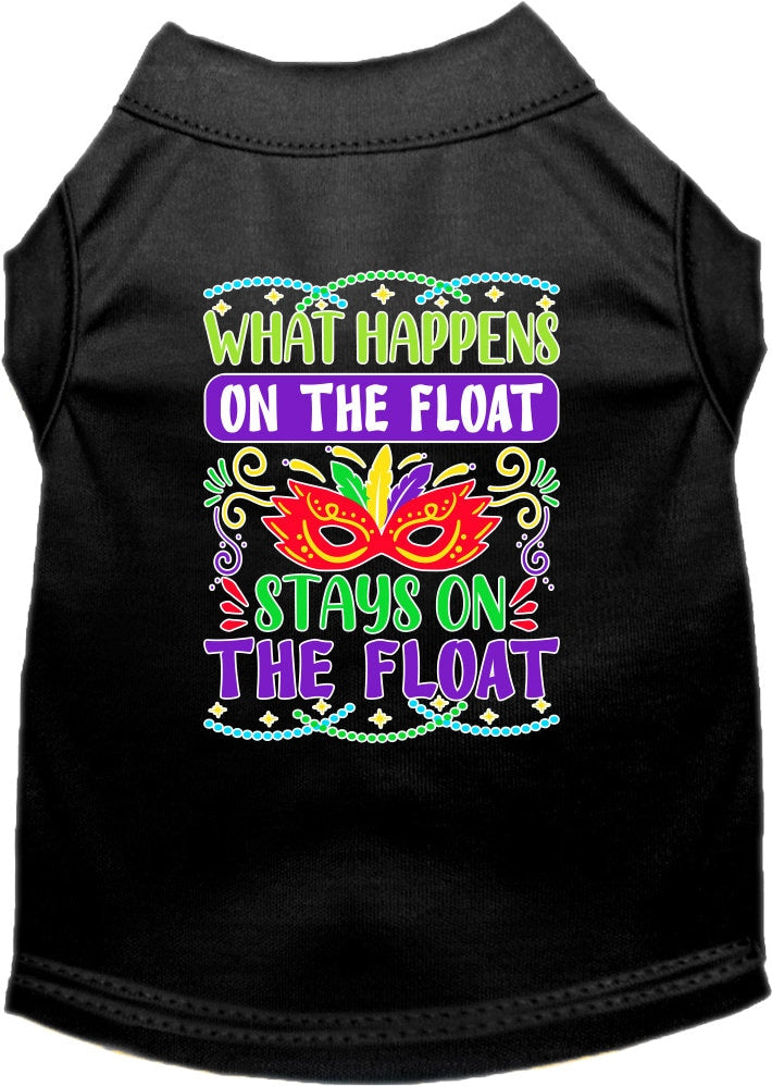 A small to medium pet wearing a screen printed shirt with the slogan 'What Happens On The Float, Stays On The Float', showcasing a fun summer style.