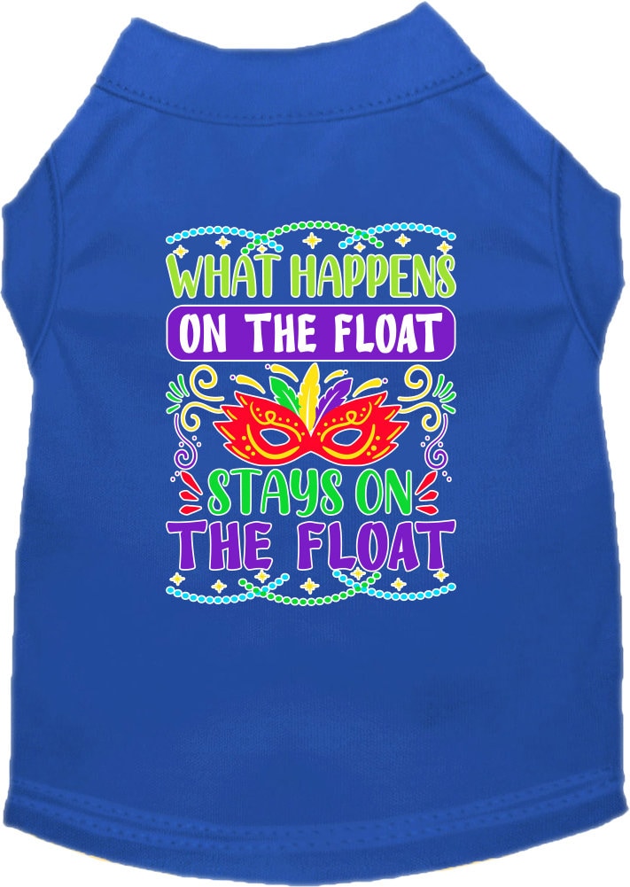 A small to medium pet wearing a screen printed shirt with the slogan 'What Happens On The Float, Stays On The Float', showcasing a fun summer style.