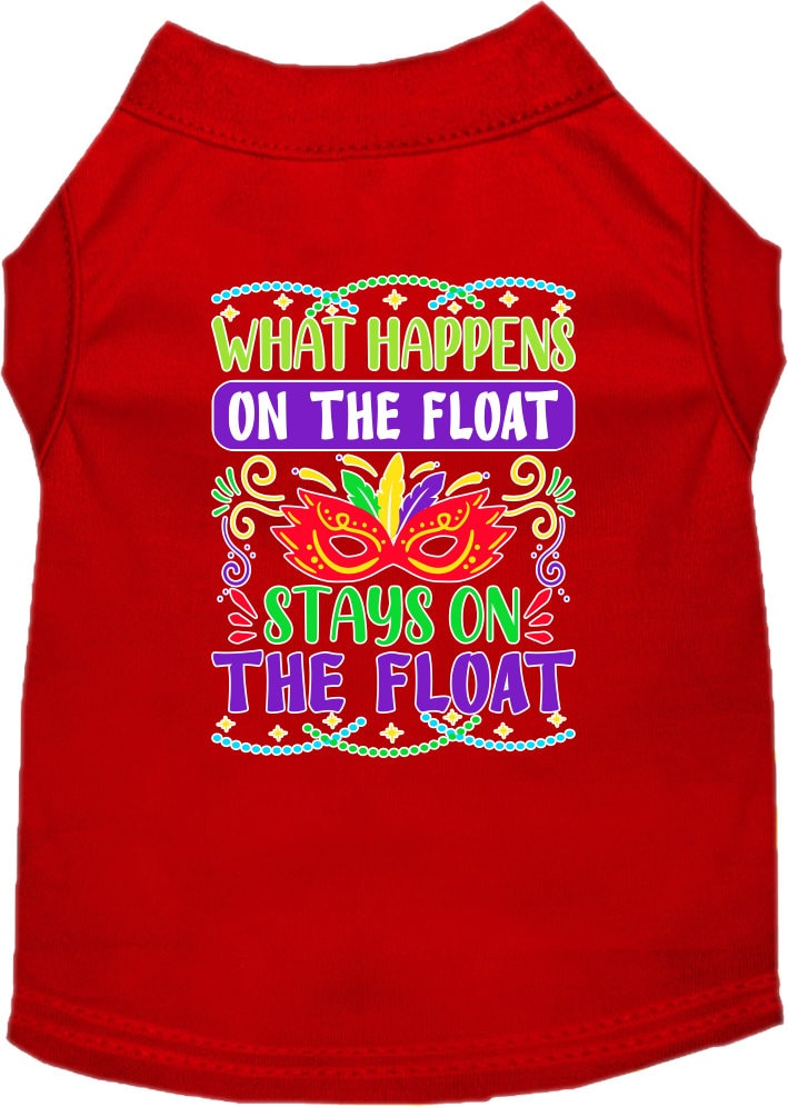 A small to medium pet wearing a screen printed shirt with the slogan 'What Happens On The Float, Stays On The Float', showcasing a fun summer style.