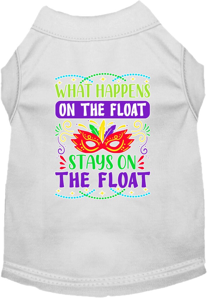 A small to medium pet wearing a screen printed shirt with the slogan 'What Happens On The Float, Stays On The Float', showcasing a fun summer style.