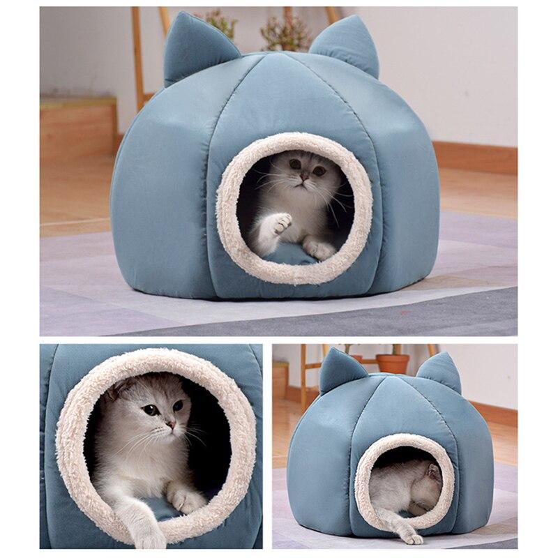 Cozy pet dog cat tent house in purple, yellow, blue, and pink colors, designed for winter warmth and comfort.