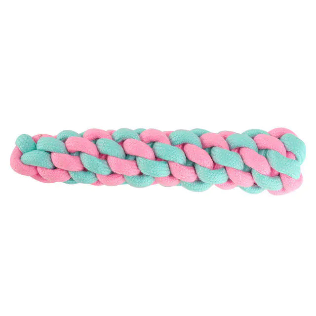A durable pink cotton rope chew toy designed for dogs, promoting dental health and providing entertainment.