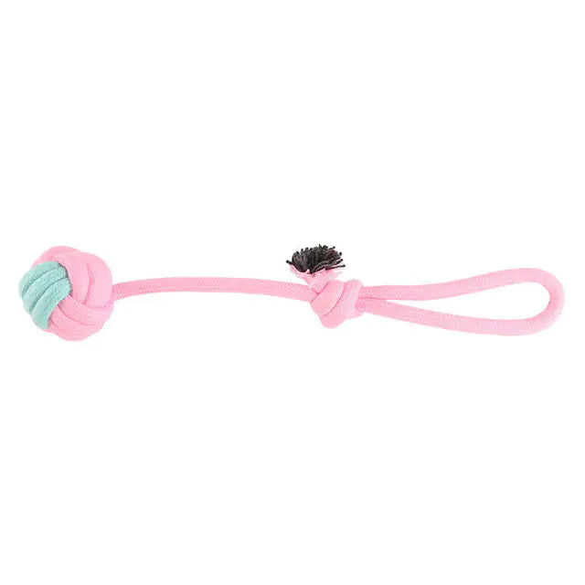 A durable pink cotton rope chew toy designed for dogs, promoting dental health and providing entertainment.