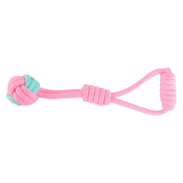 A durable pink cotton rope chew toy designed for dogs, promoting dental health and providing entertainment.