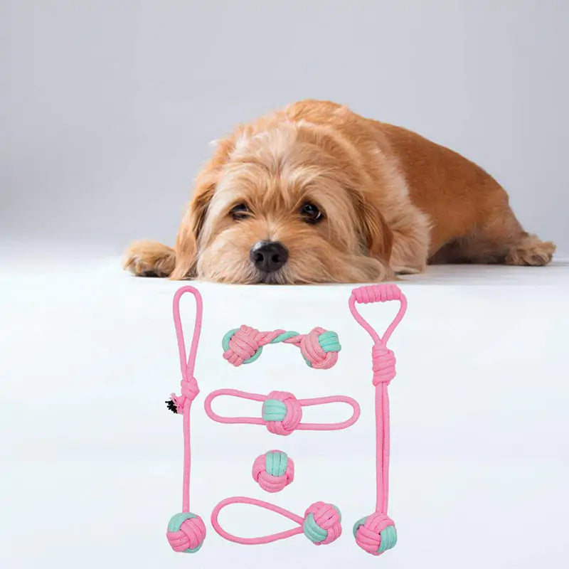 A durable pink cotton rope chew toy designed for dogs, promoting dental health and providing entertainment.