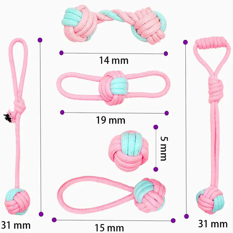 A durable pink cotton rope chew toy designed for dogs, promoting dental health and providing entertainment.