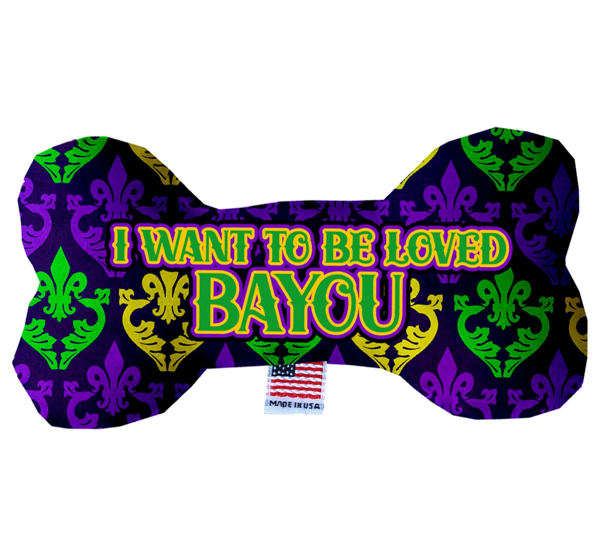 Handmade plush bone toy for dogs, featuring soft fabric and squeakers, in a vibrant print titled 'I Want To Be Loved Bayou'.