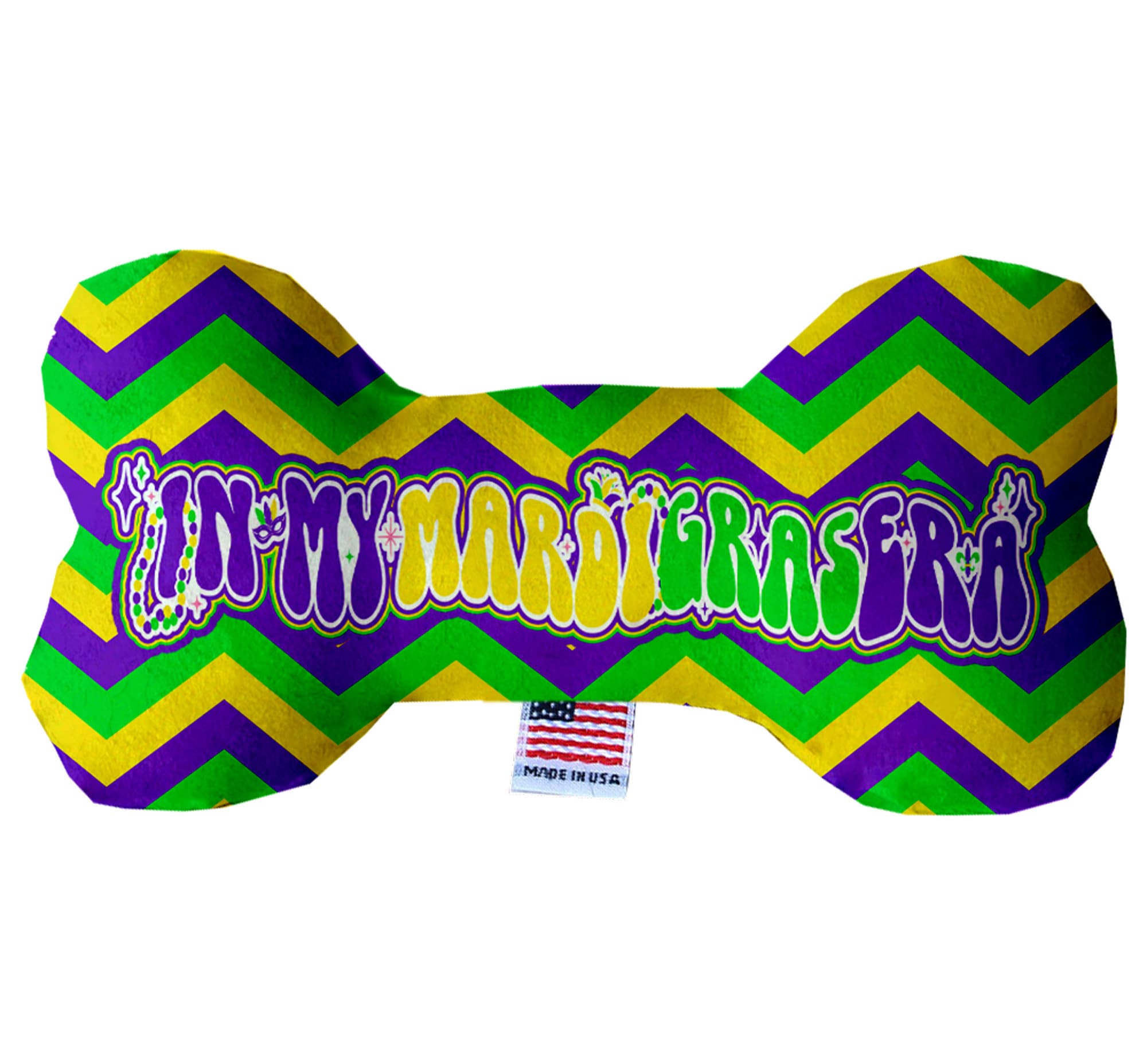 A colorful plush bone toy for dogs, featuring a Mardi Gras theme with vibrant colors and soft texture, perfect for cuddling and play.