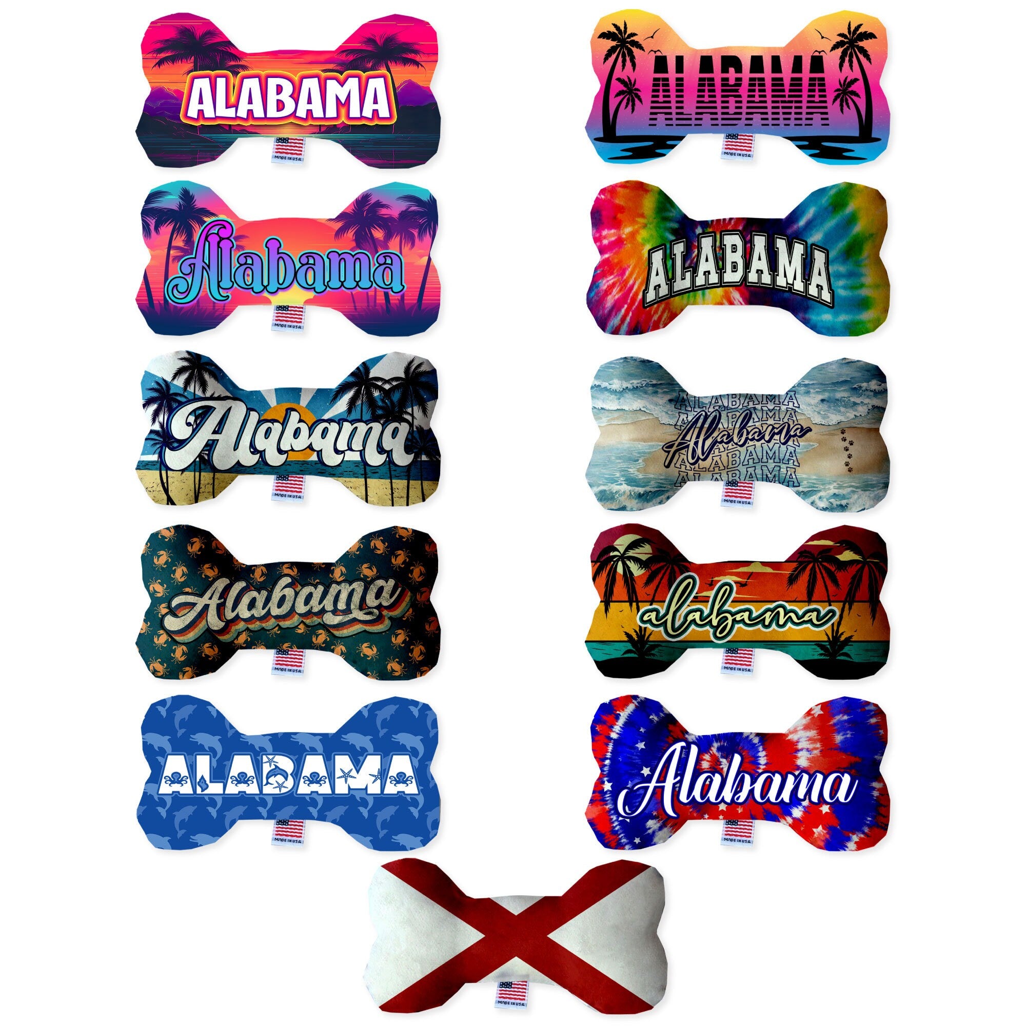 A set of Alabama Coast plush bone toys for dogs, featuring vibrant patterns and available in three sizes, showcasing their soft and cuddly texture.