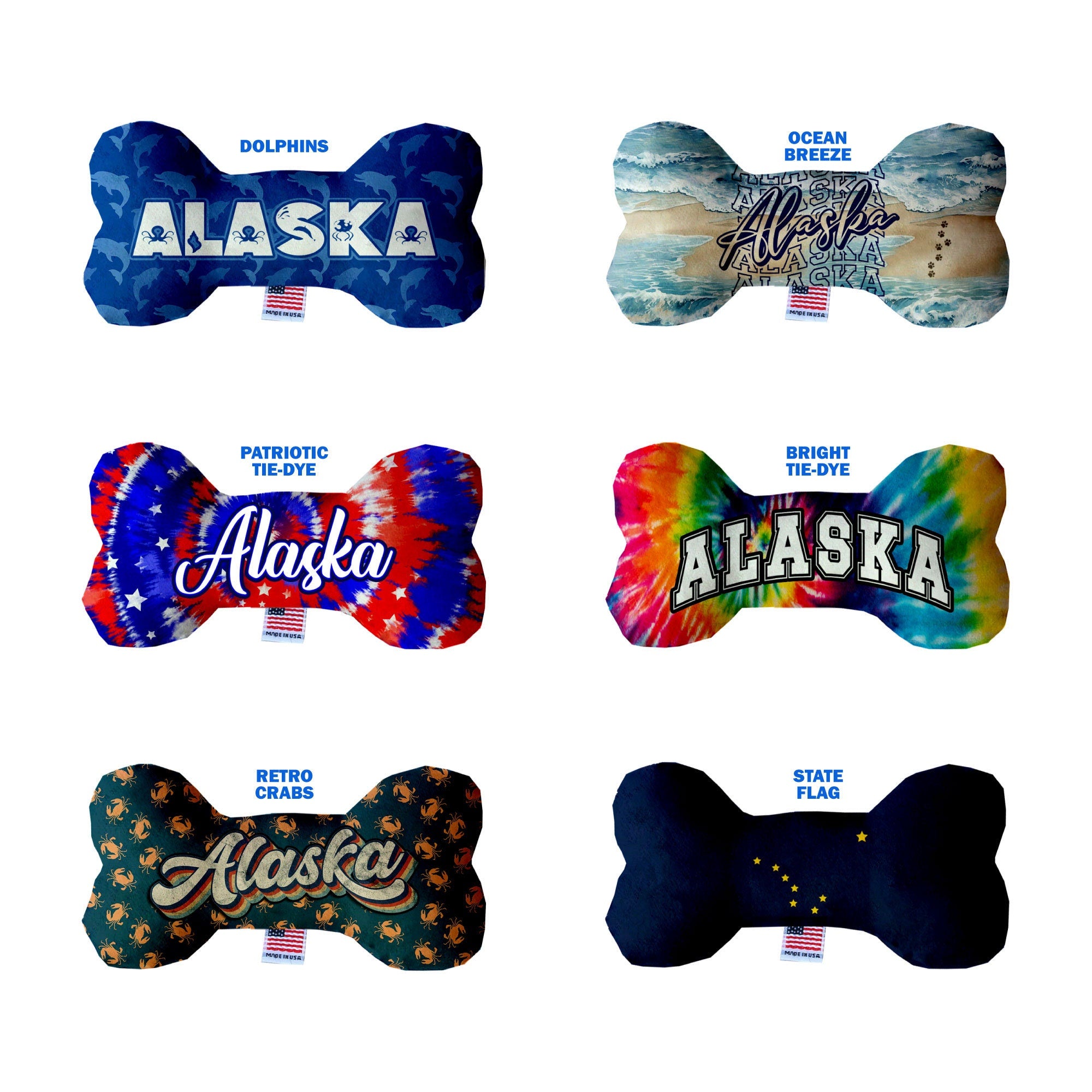 Alaskan Coast Plush Bone Toys set, featuring soft, cuddly designs in various patterns, perfect for dogs of all sizes.