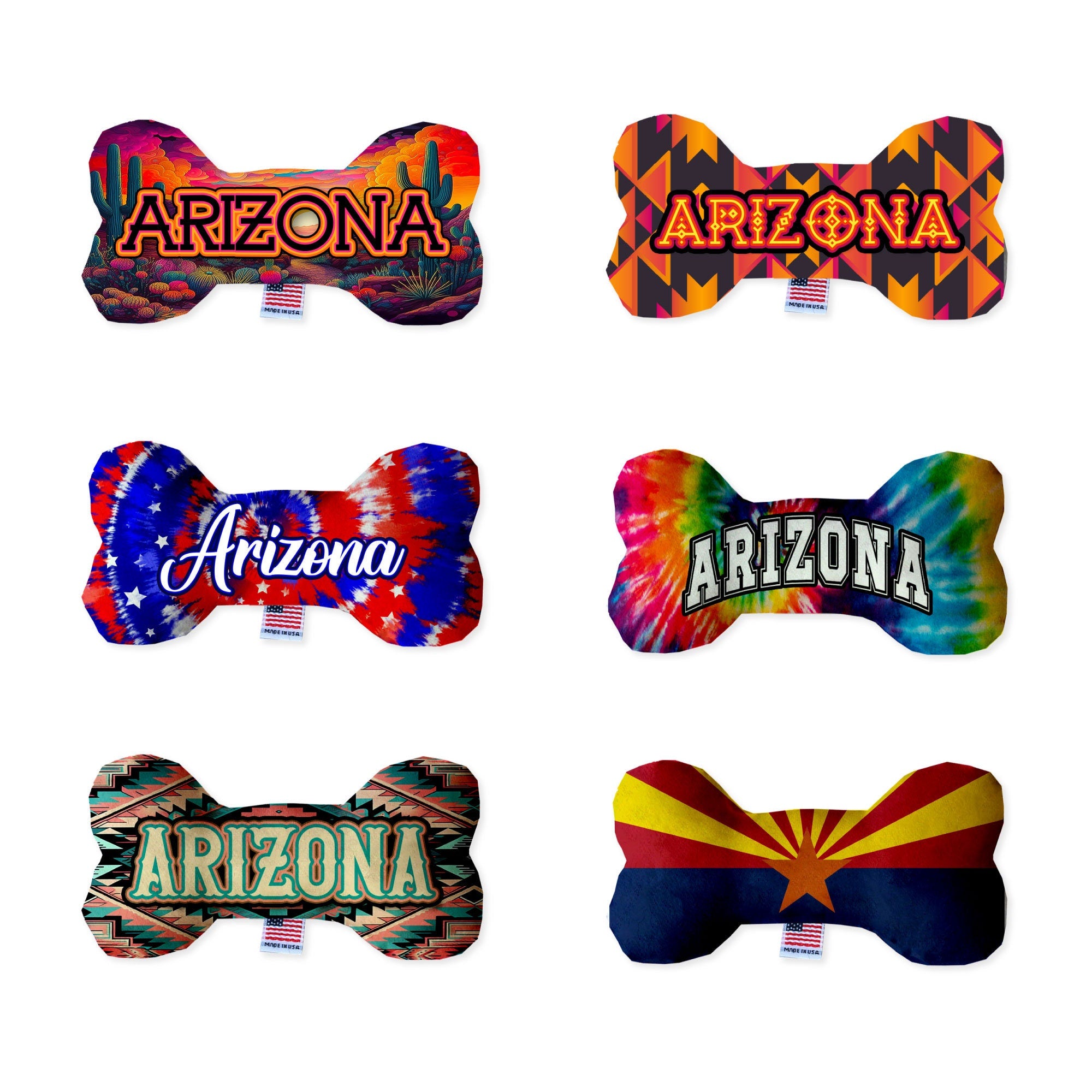 Handmade plush bone toys for dogs in Arizona Desert patterns, available in three sizes with squeakers.