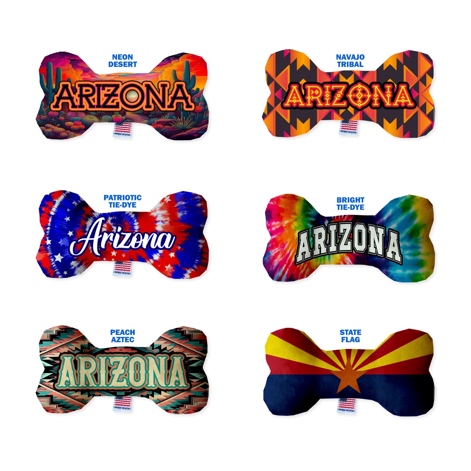 Handmade plush bone toys for dogs in Arizona Desert patterns, available in three sizes with squeakers.