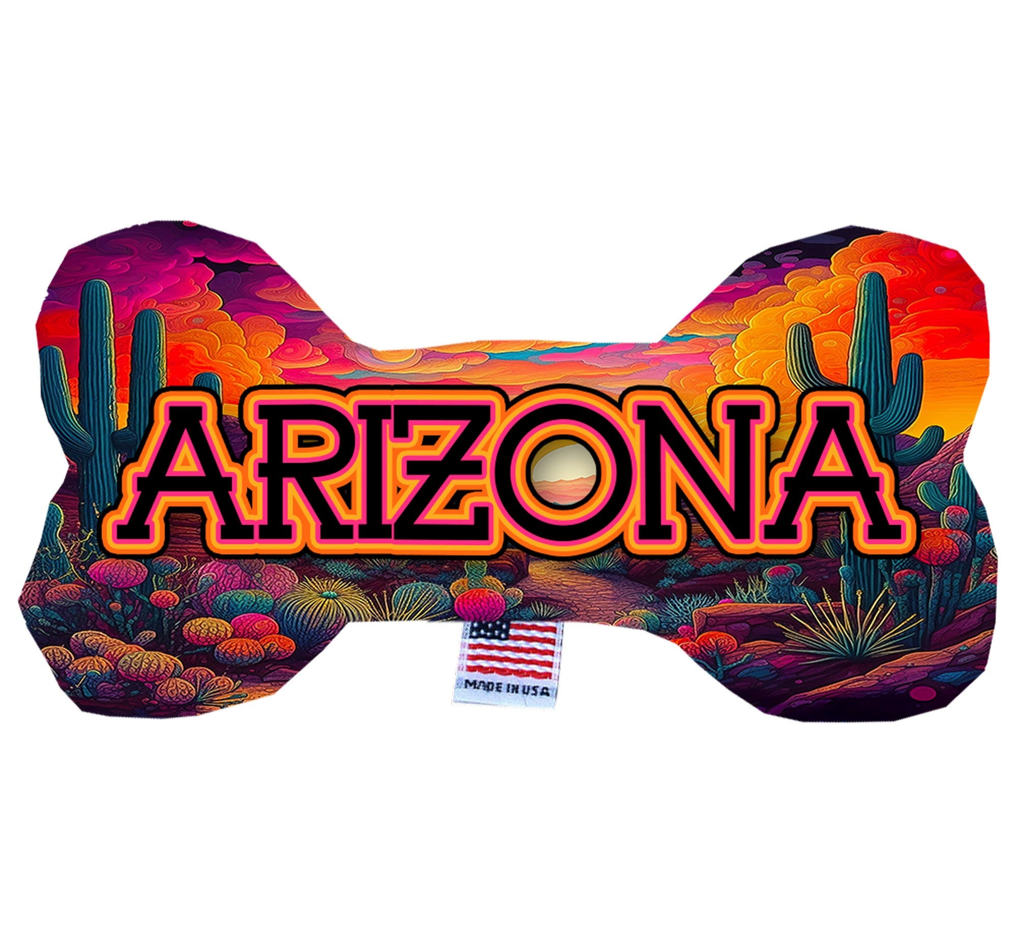 Handmade plush bone toys for dogs in Arizona Desert patterns, available in three sizes with squeakers.