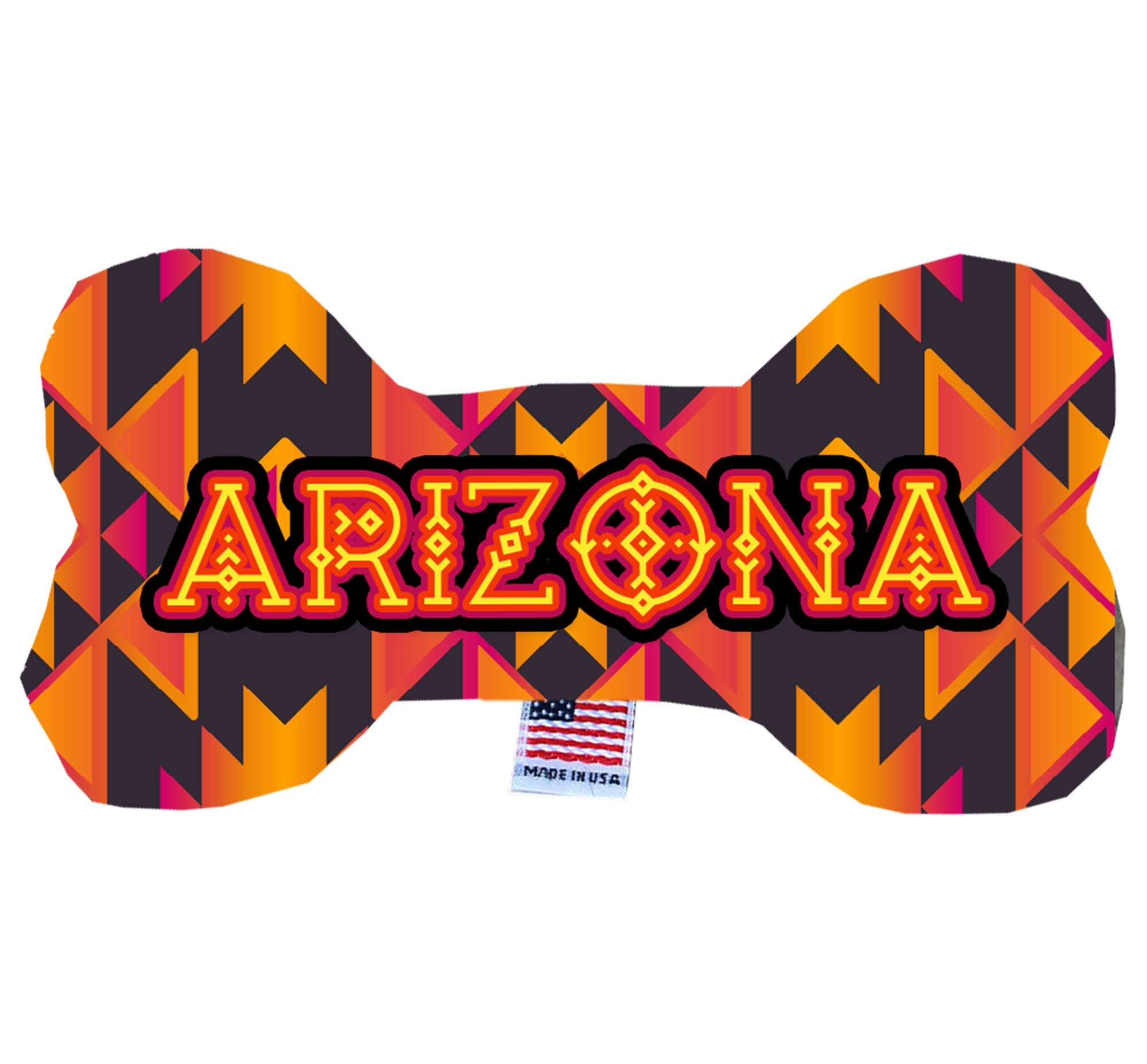 Handmade plush bone toys for dogs in Arizona Desert patterns, available in three sizes with squeakers.