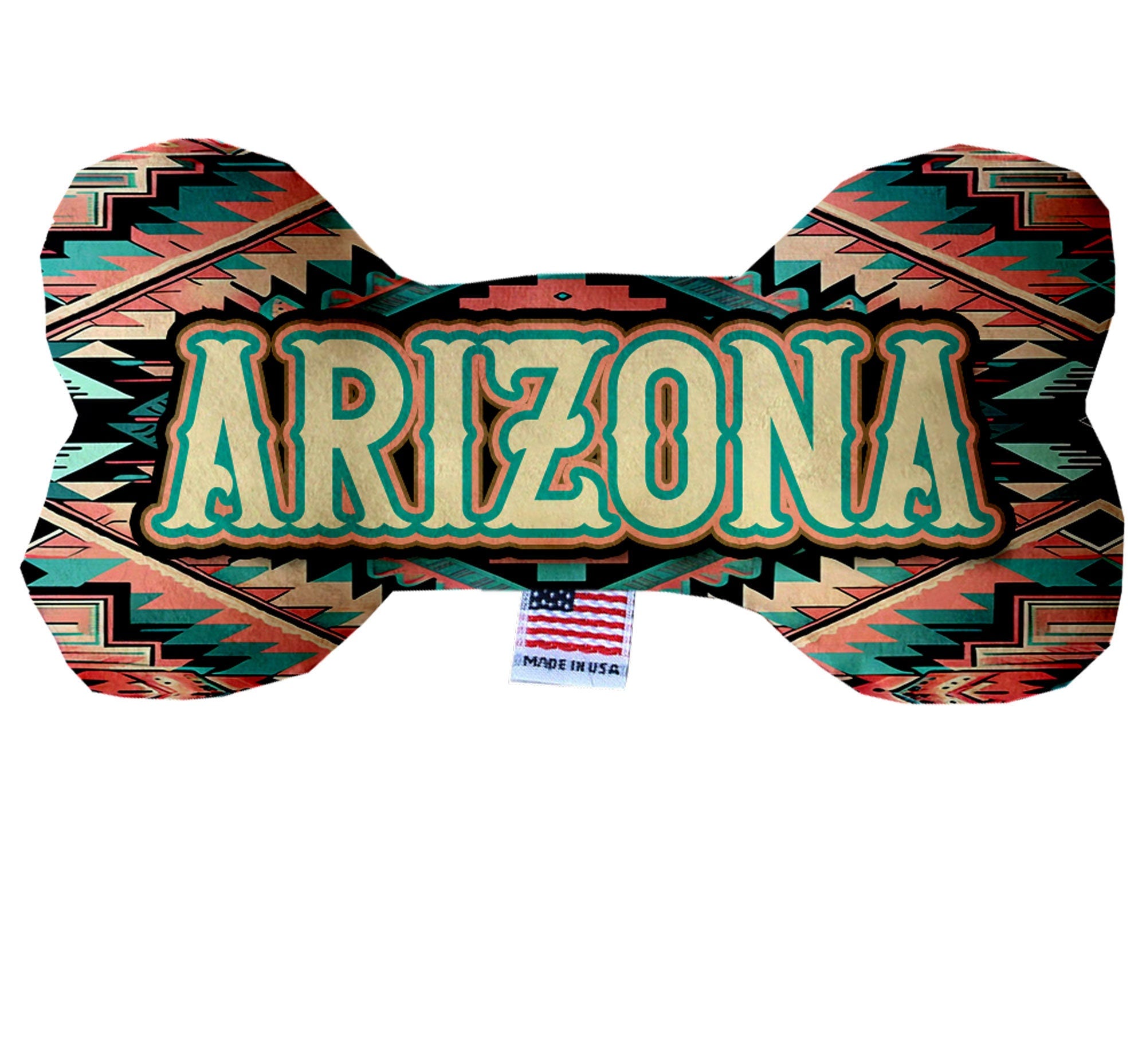 Handmade plush bone toys for dogs in Arizona Desert patterns, available in three sizes with squeakers.