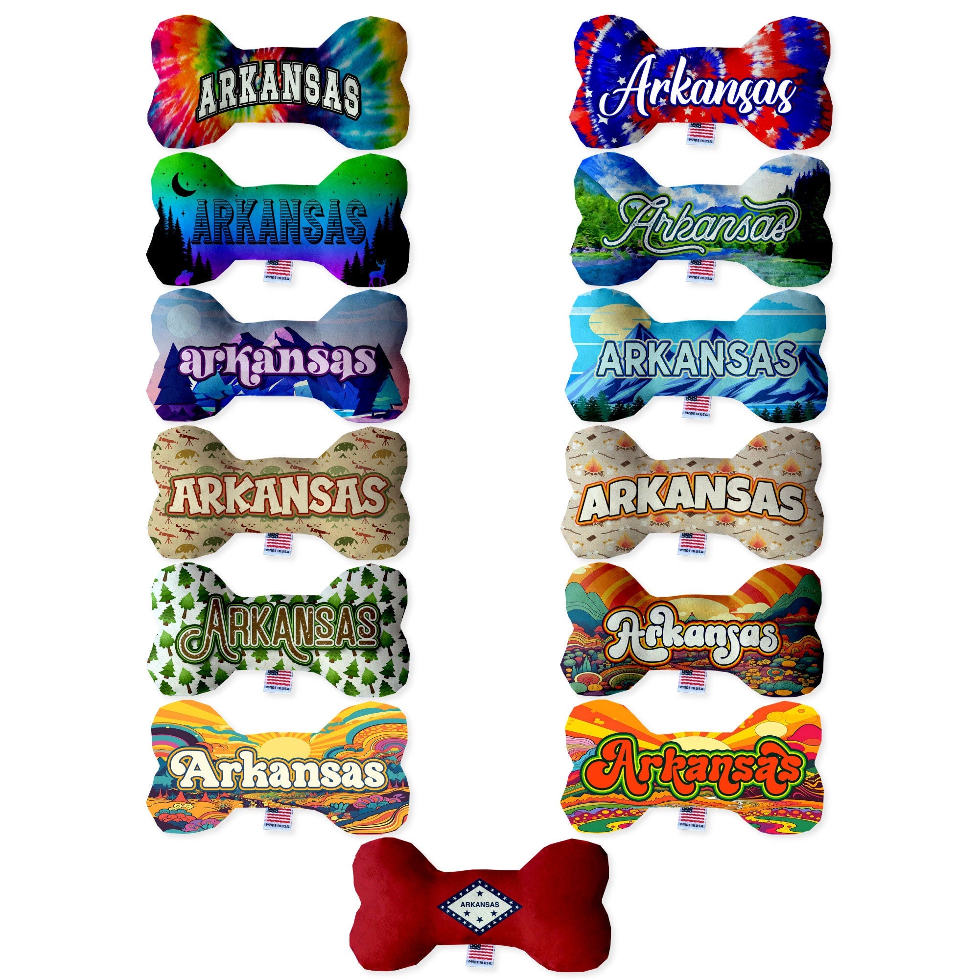 Handmade plush bone toys in various Arkansas State patterns, showcasing soft fabric and squeakers, perfect for dogs of all sizes.