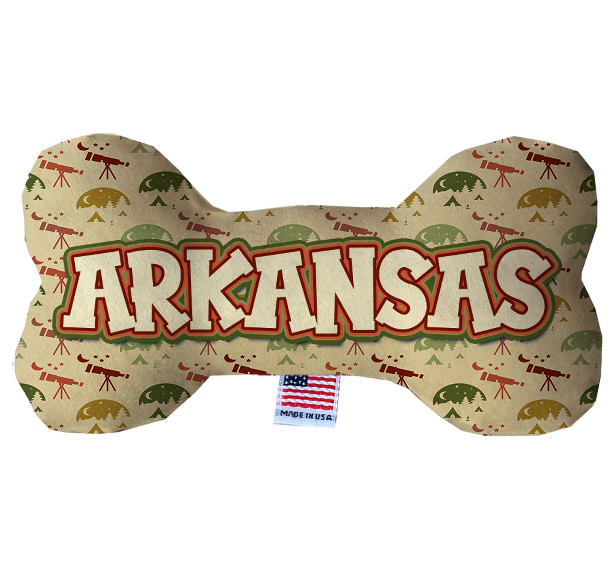 Handmade plush bone toys in various Arkansas State patterns, showcasing soft fabric and squeakers, perfect for dogs of all sizes.