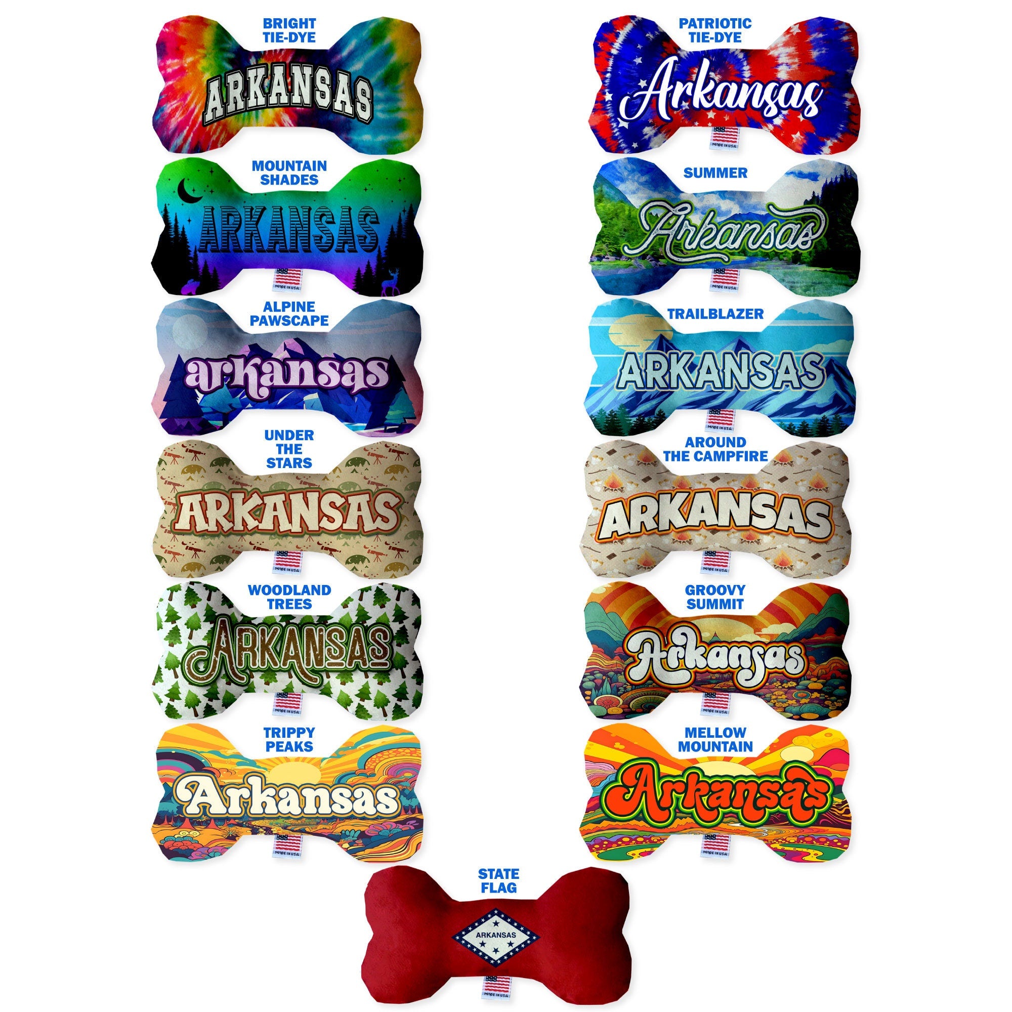 Handmade plush bone toys in various Arkansas State patterns, showcasing soft fabric and squeakers, perfect for dogs of all sizes.