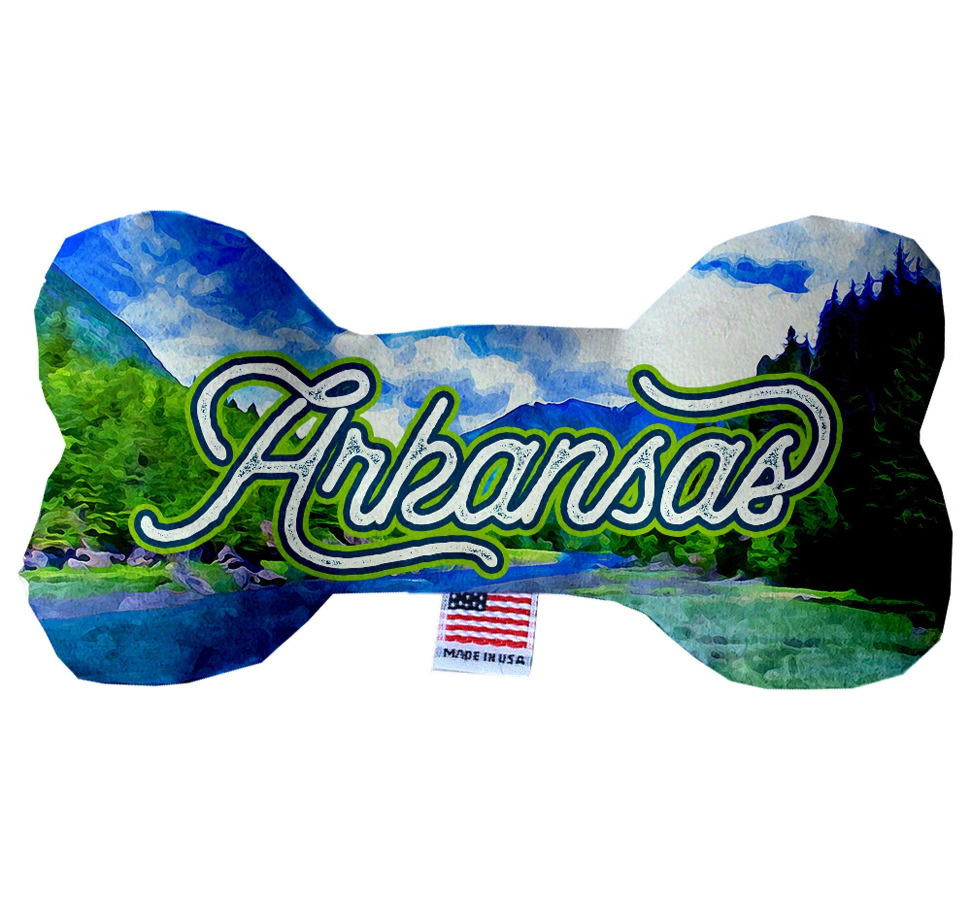 Handmade plush bone toys in various Arkansas State patterns, showcasing soft fabric and squeakers, perfect for dogs of all sizes.