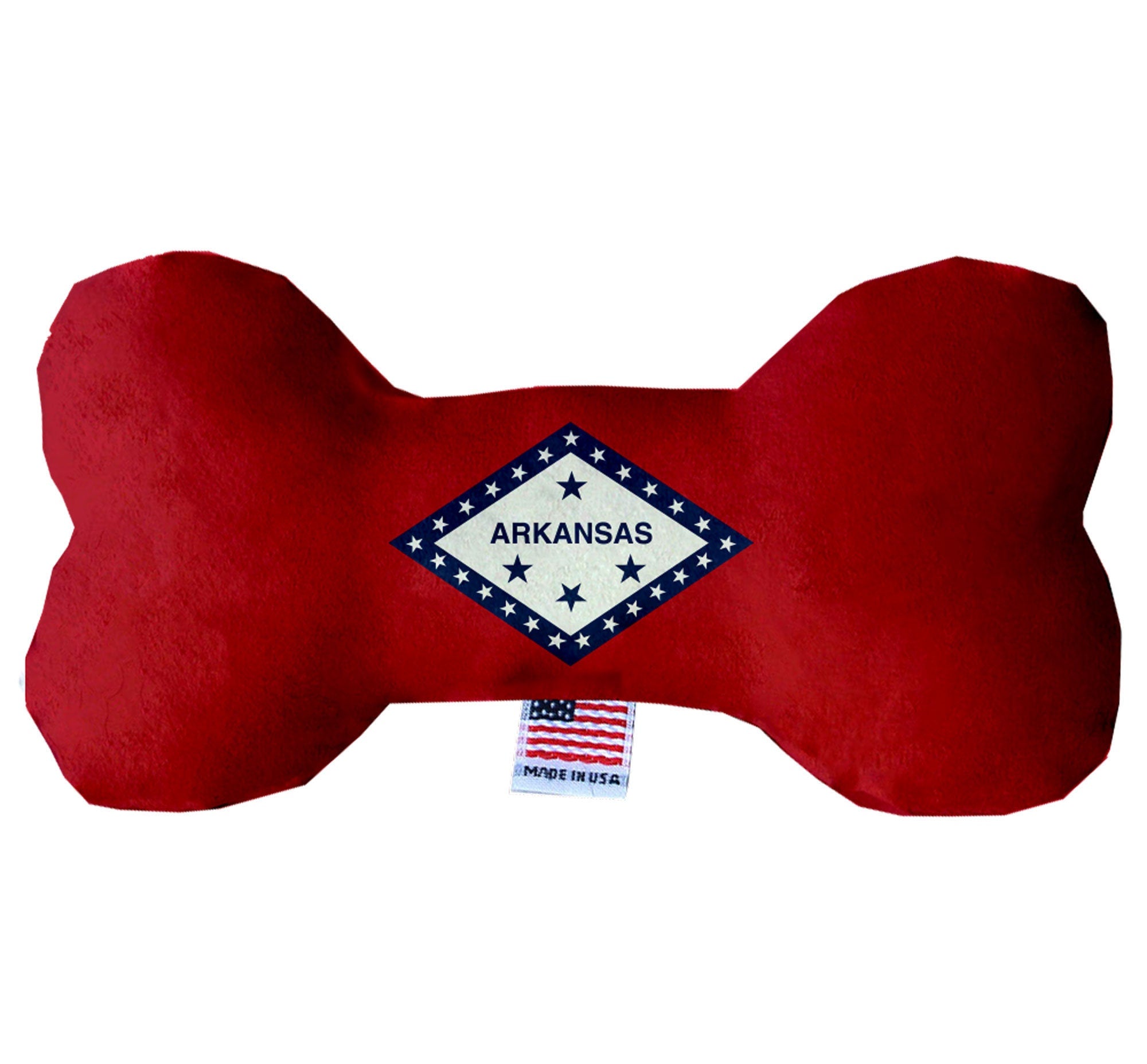 Handmade plush bone toys in various Arkansas State patterns, showcasing soft fabric and squeakers, perfect for dogs of all sizes.
