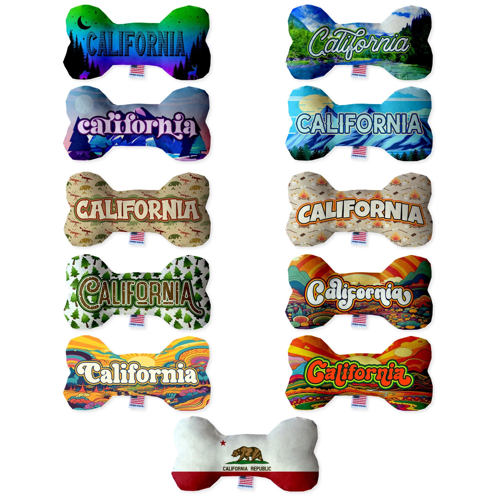 California Mountains Plush Bone Toys set, featuring soft, cuddly designs in various sizes with squeakers for dogs.