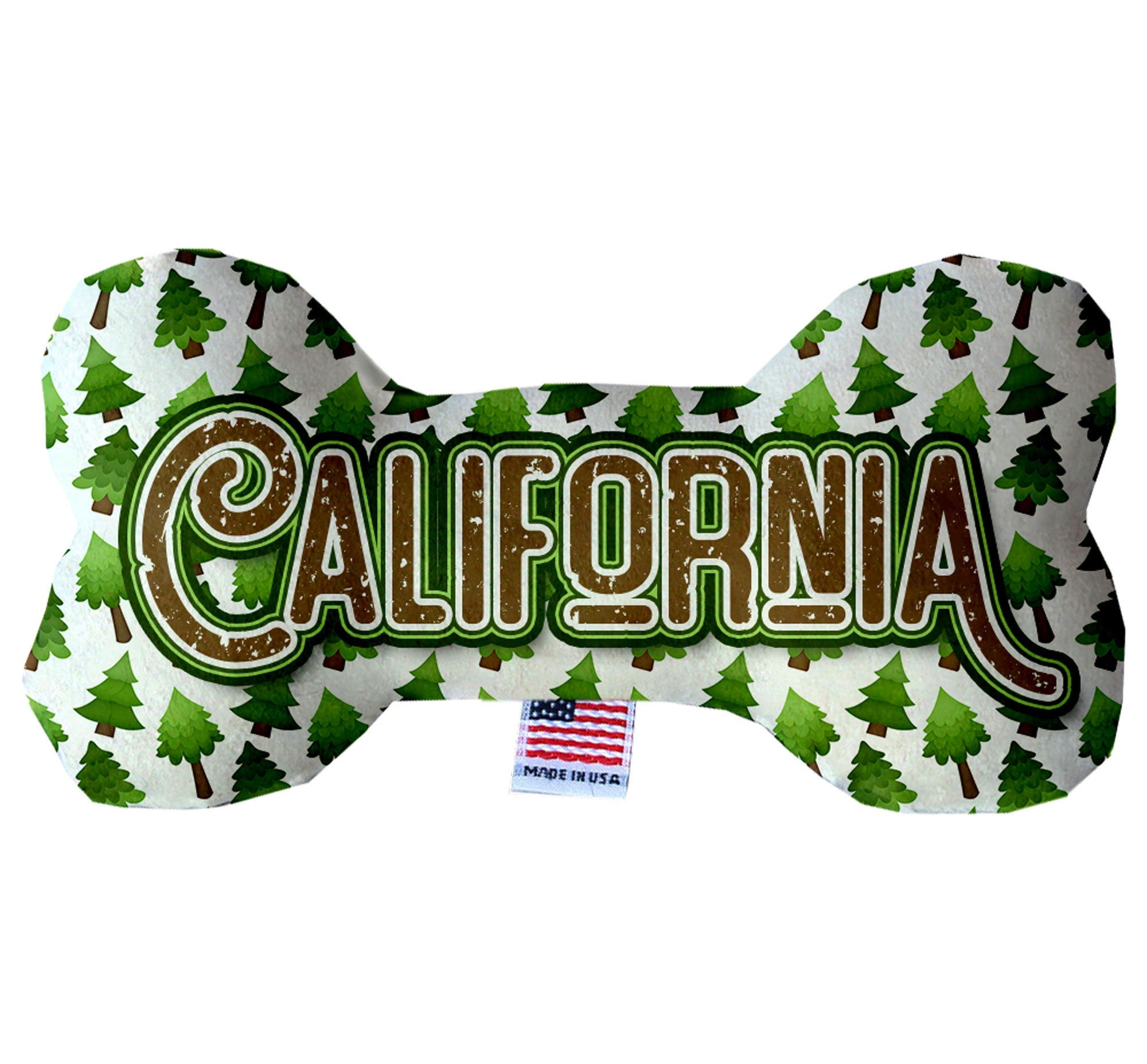 California Mountains Plush Bone Toys set, featuring soft, cuddly designs in various sizes with squeakers for dogs.