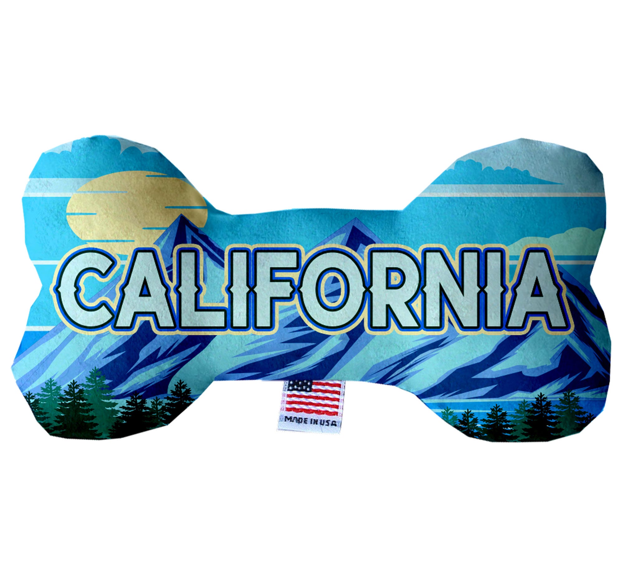 California Mountains Plush Bone Toys set, featuring soft, cuddly designs in various sizes with squeakers for dogs.