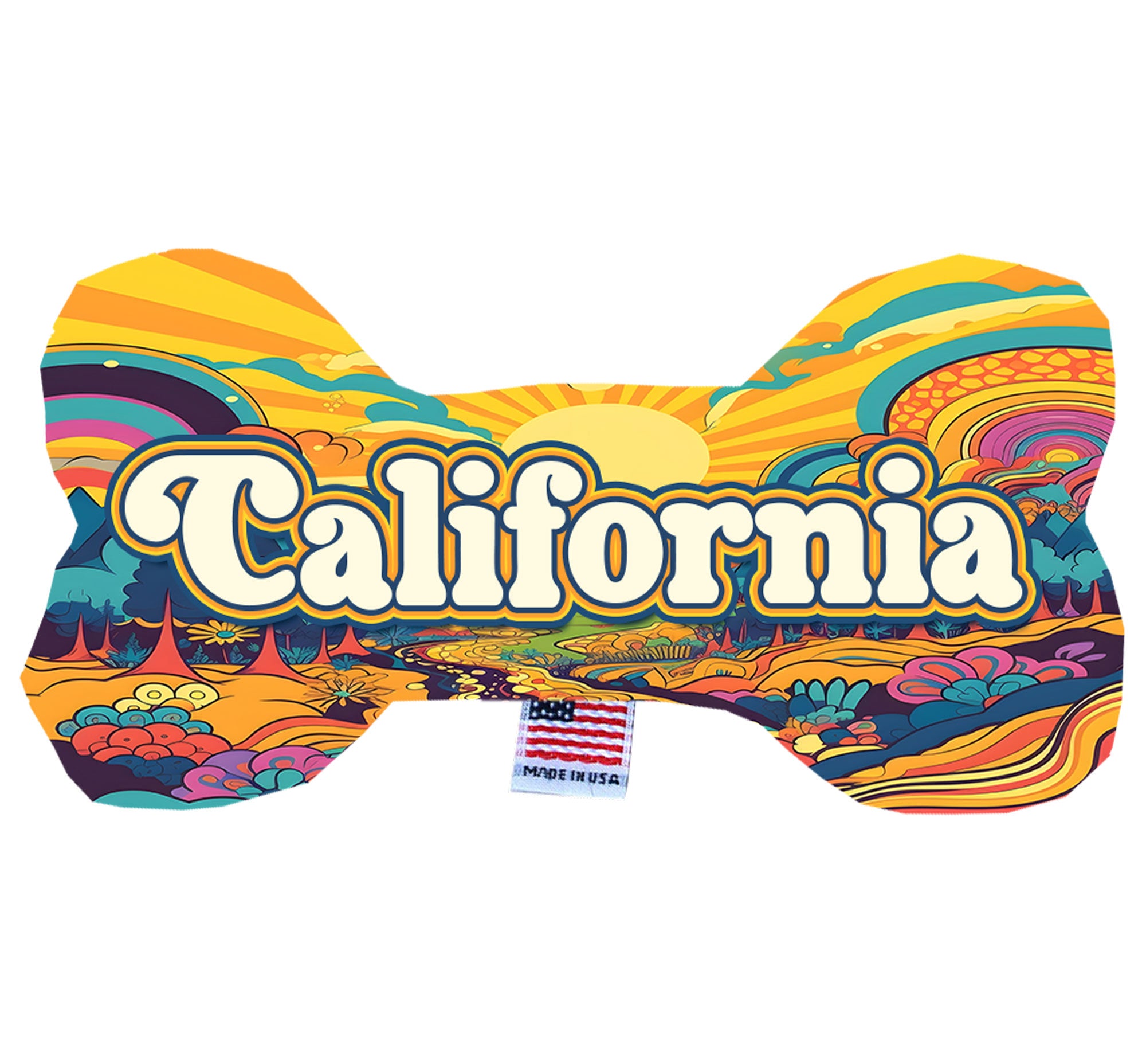 California Mountains Plush Bone Toys set, featuring soft, cuddly designs in various sizes with squeakers for dogs.