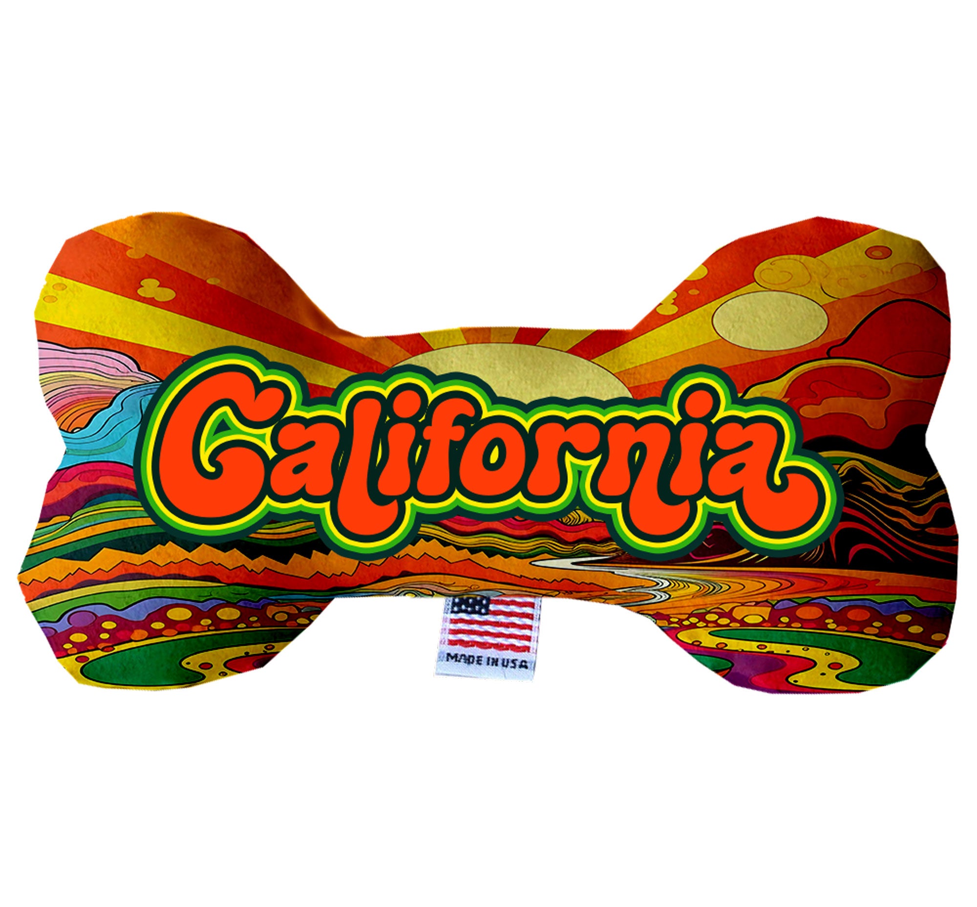 California Mountains Plush Bone Toys set, featuring soft, cuddly designs in various sizes with squeakers for dogs.