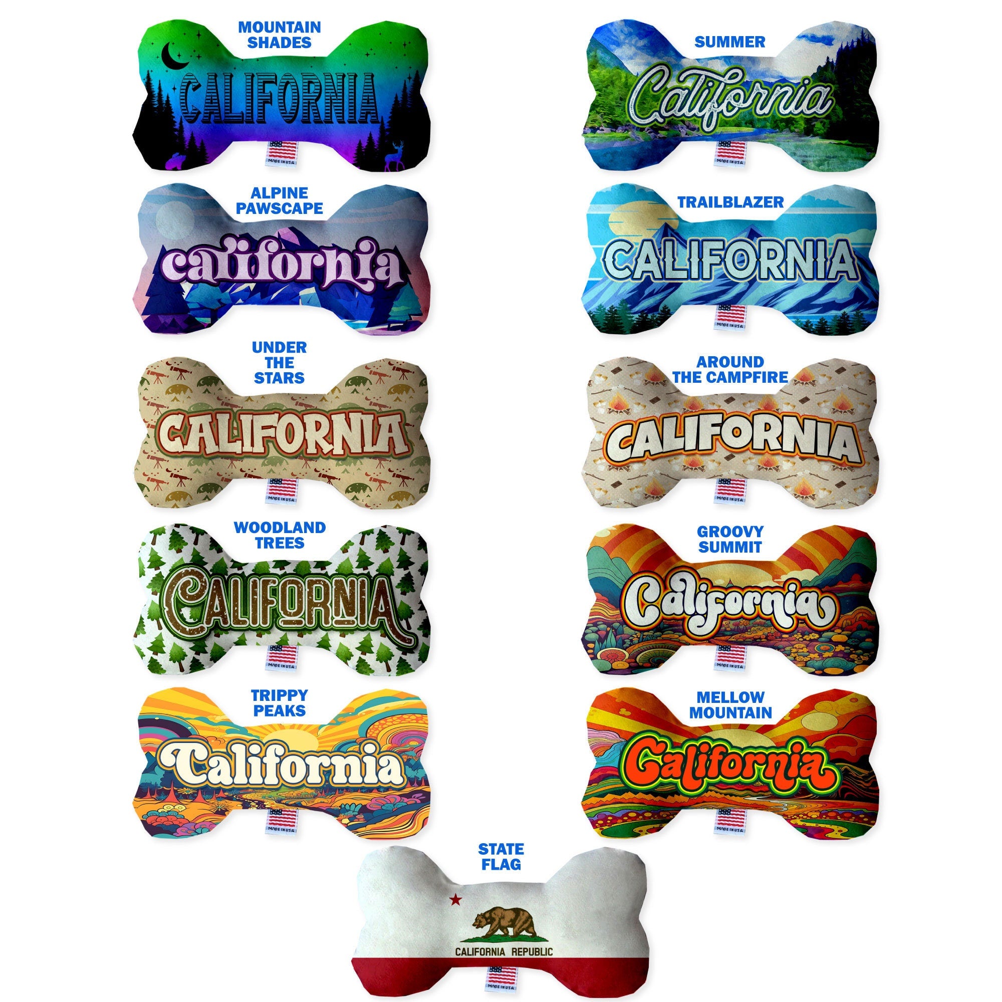 California Mountains Plush Bone Toys set, featuring soft, cuddly designs in various sizes with squeakers for dogs.