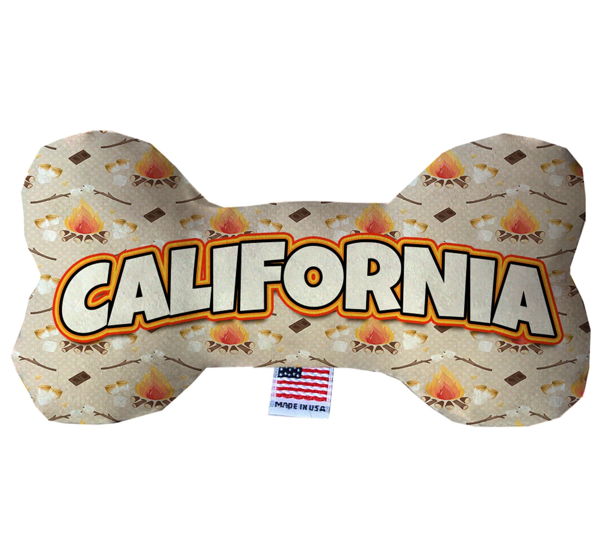 California Mountains Plush Bone Toys set, featuring soft, cuddly designs in various sizes with squeakers for dogs.
