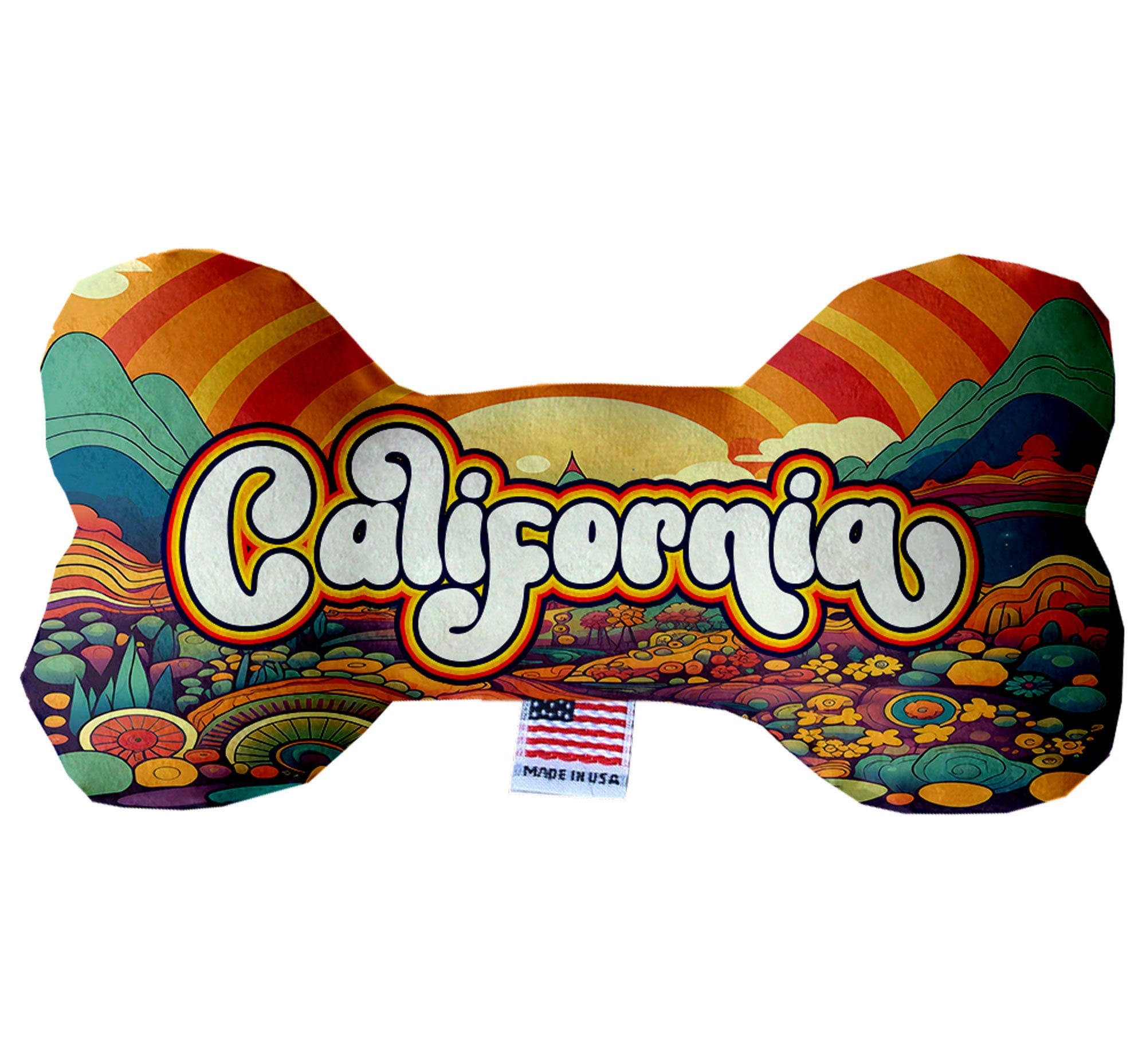 California Mountains Plush Bone Toys set, featuring soft, cuddly designs in various sizes with squeakers for dogs.