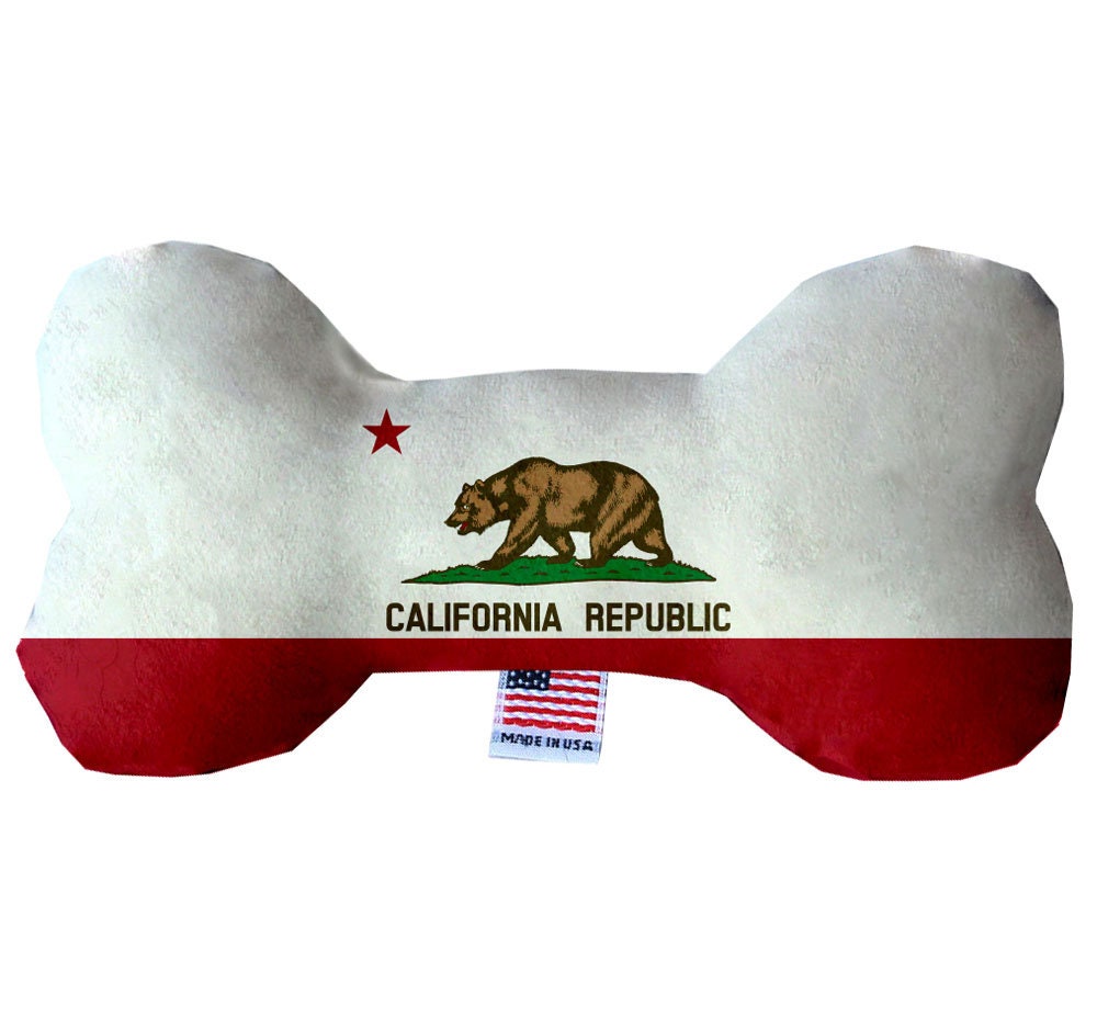 California Mountains Plush Bone Toys set, featuring soft, cuddly designs in various sizes with squeakers for dogs.