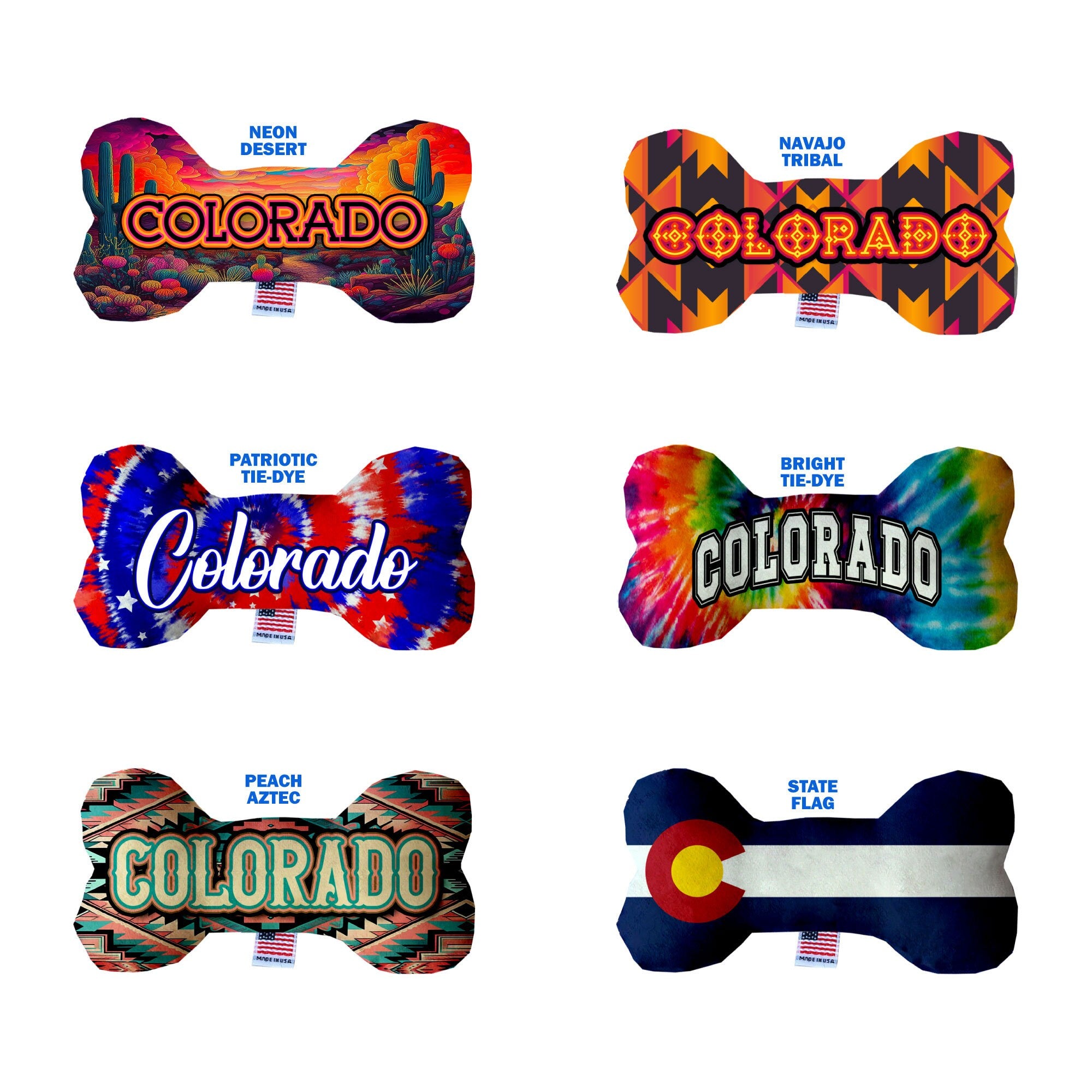 Set of Colorado Desert plush bone toys for dogs, featuring soft fabric and squeakers in various sizes.