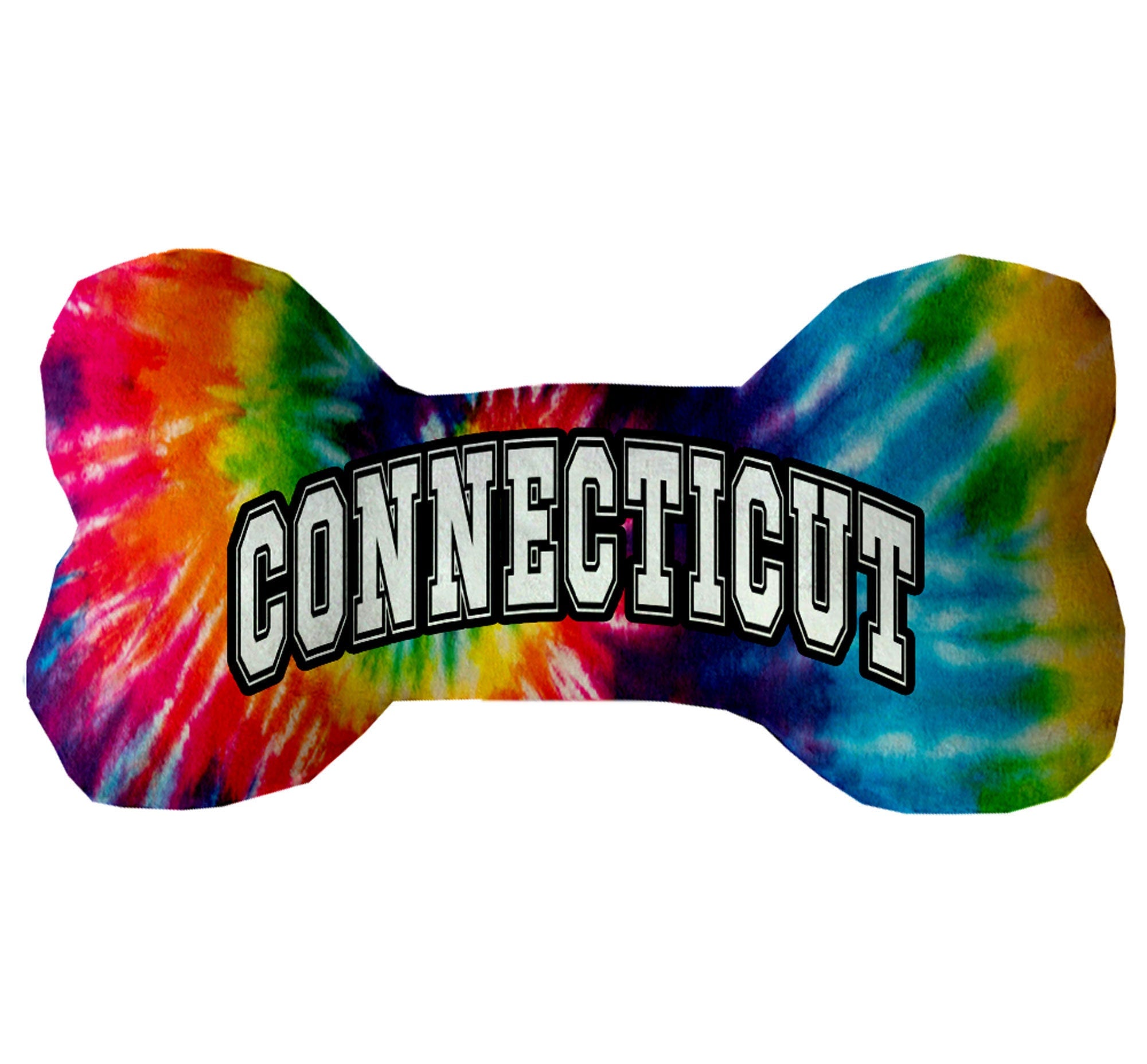 A collection of handmade plush bone toys in various patterns, showcasing Connecticut State options, designed for dogs.