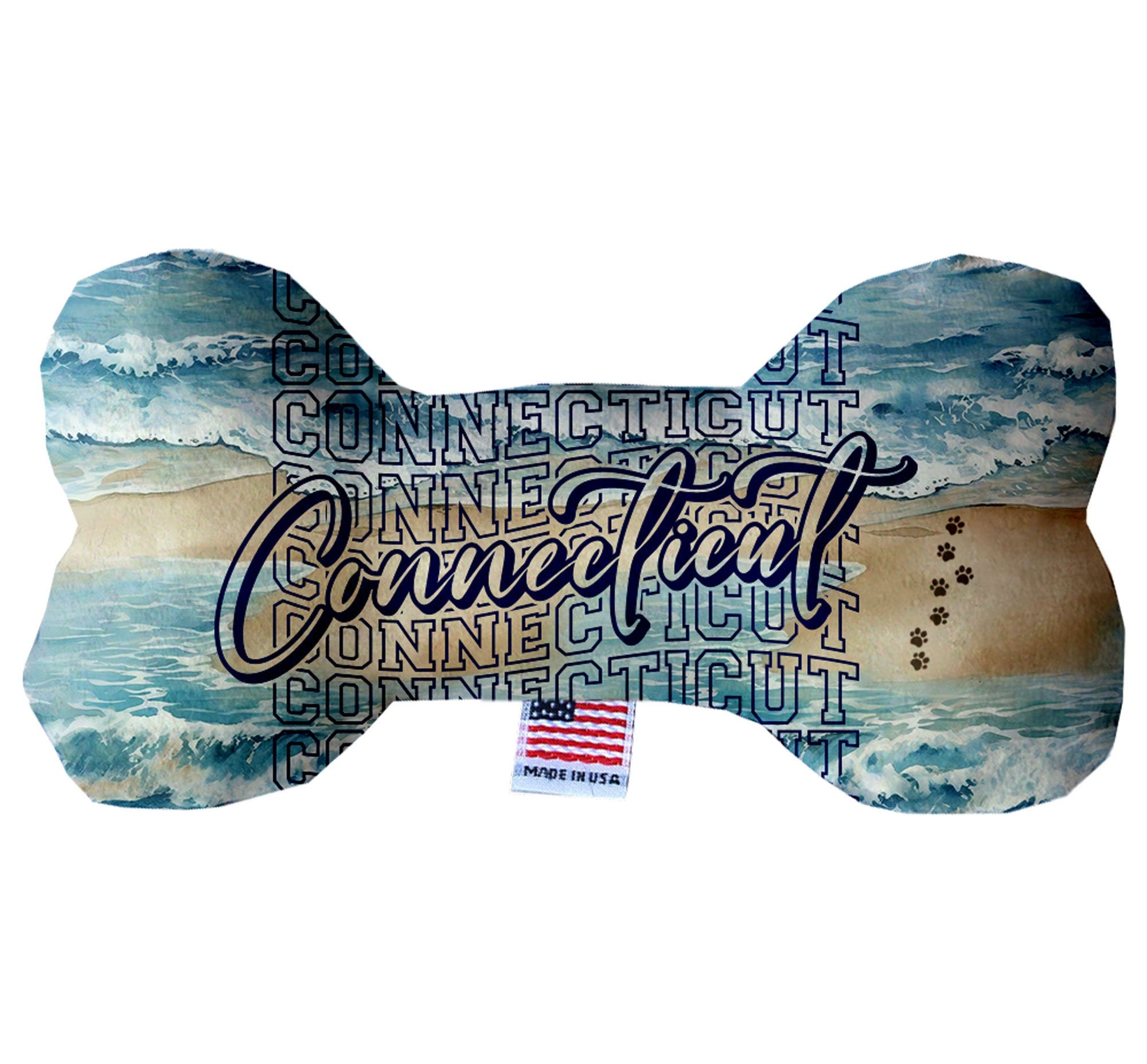 A collection of handmade plush bone toys in various patterns, showcasing Connecticut State options, designed for dogs.