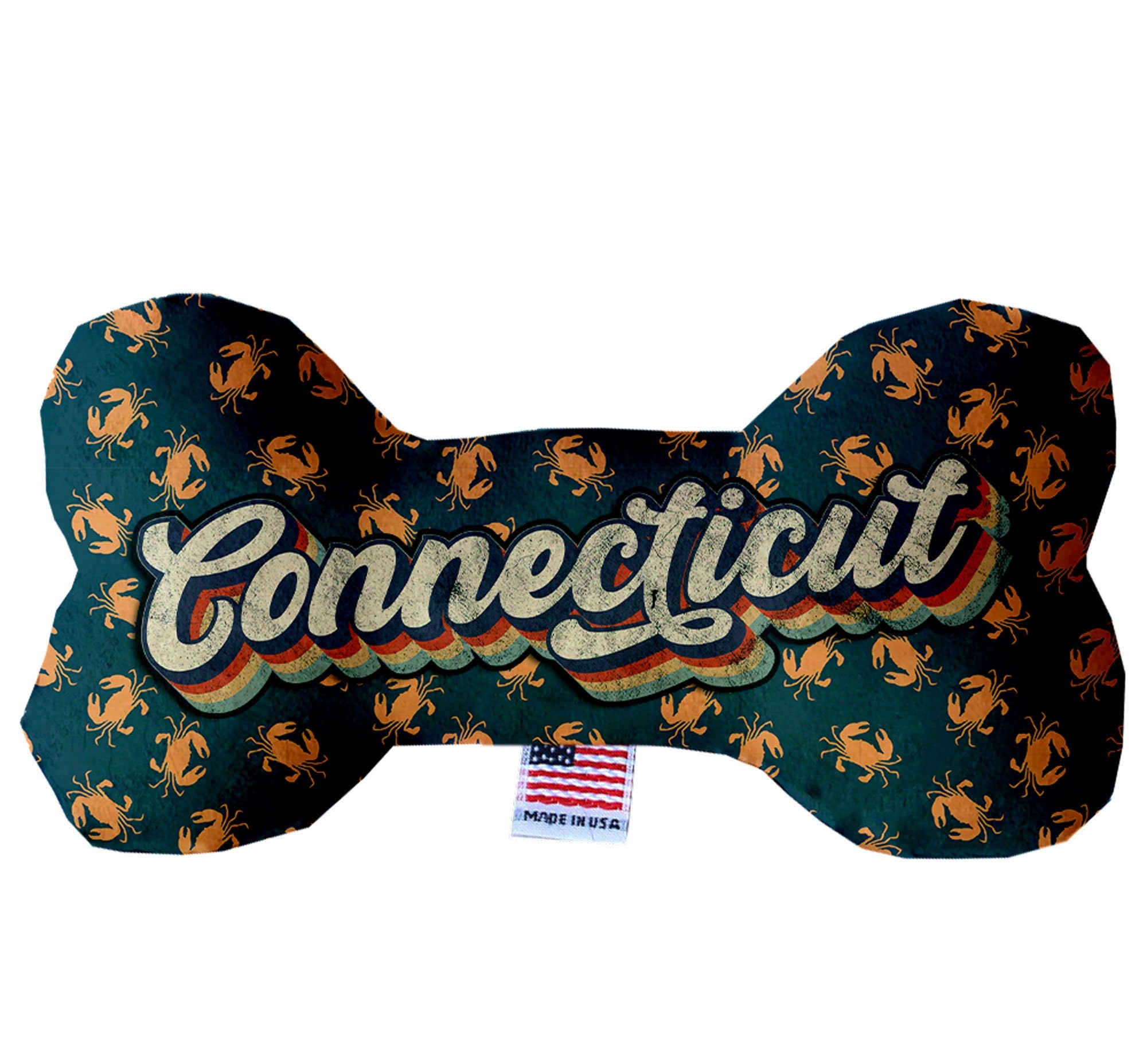 A collection of handmade plush bone toys in various patterns, showcasing Connecticut State options, designed for dogs.