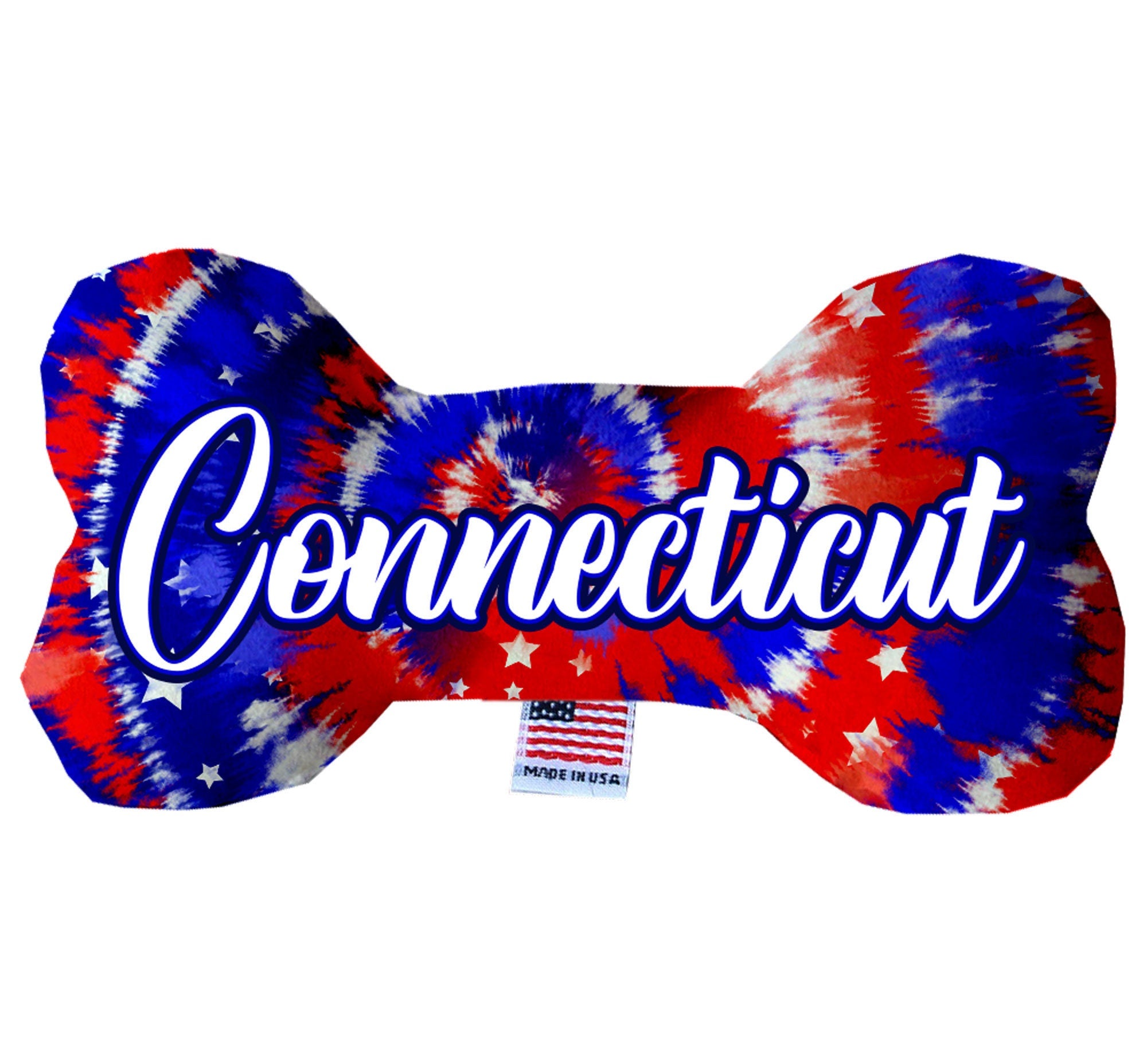 A collection of handmade plush bone toys in various patterns, showcasing Connecticut State options, designed for dogs.