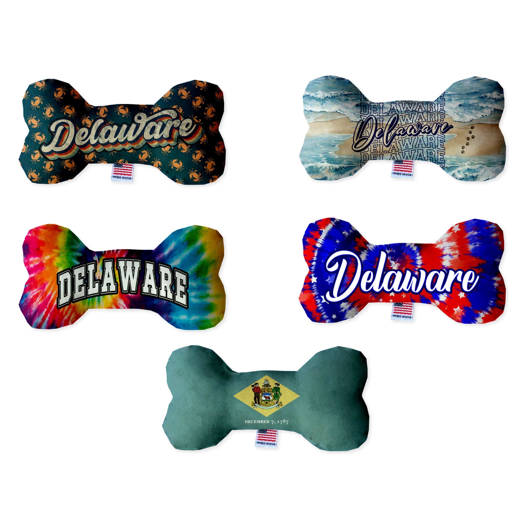 Handmade plush bone toys for dogs in various patterns and sizes, featuring squeakers for added fun.