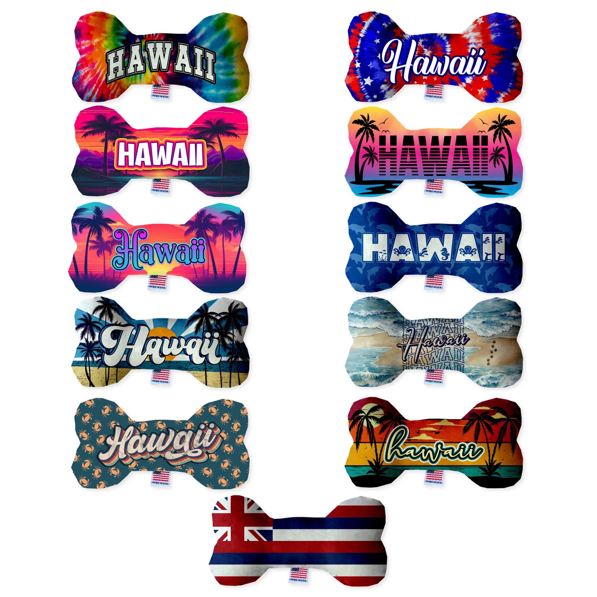 A colorful assortment of handmade plush bone toys featuring Hawaii State designs, perfect for dogs of all sizes.