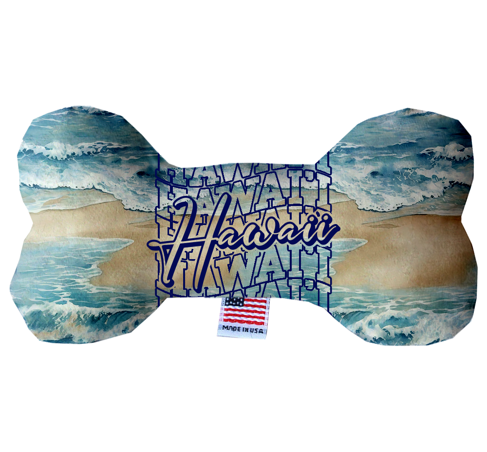 A colorful assortment of handmade plush bone toys featuring Hawaii State designs, perfect for dogs of all sizes.