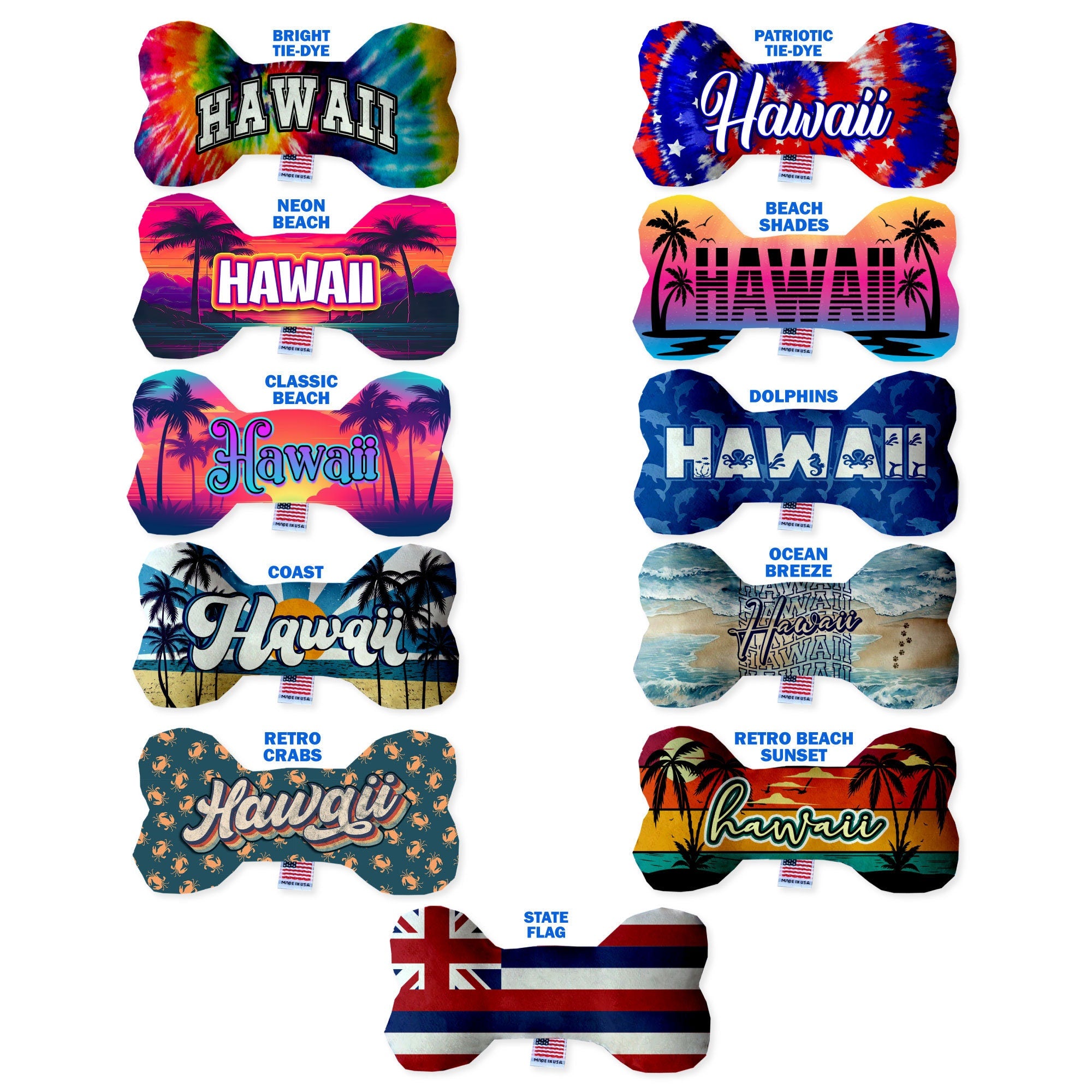 A colorful assortment of handmade plush bone toys featuring Hawaii State designs, perfect for dogs of all sizes.