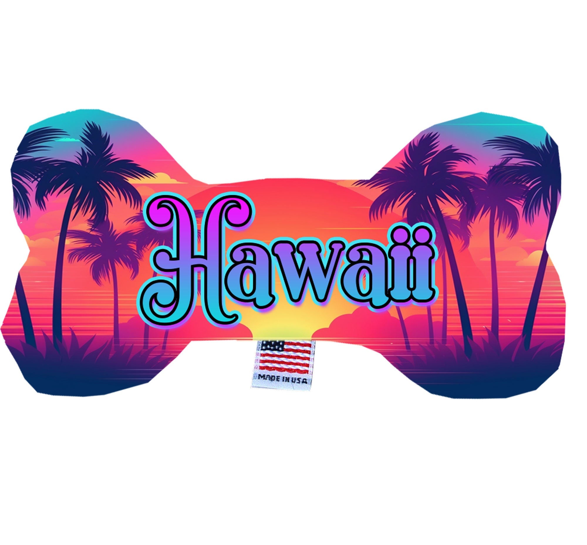 A colorful assortment of handmade plush bone toys featuring Hawaii State designs, perfect for dogs of all sizes.
