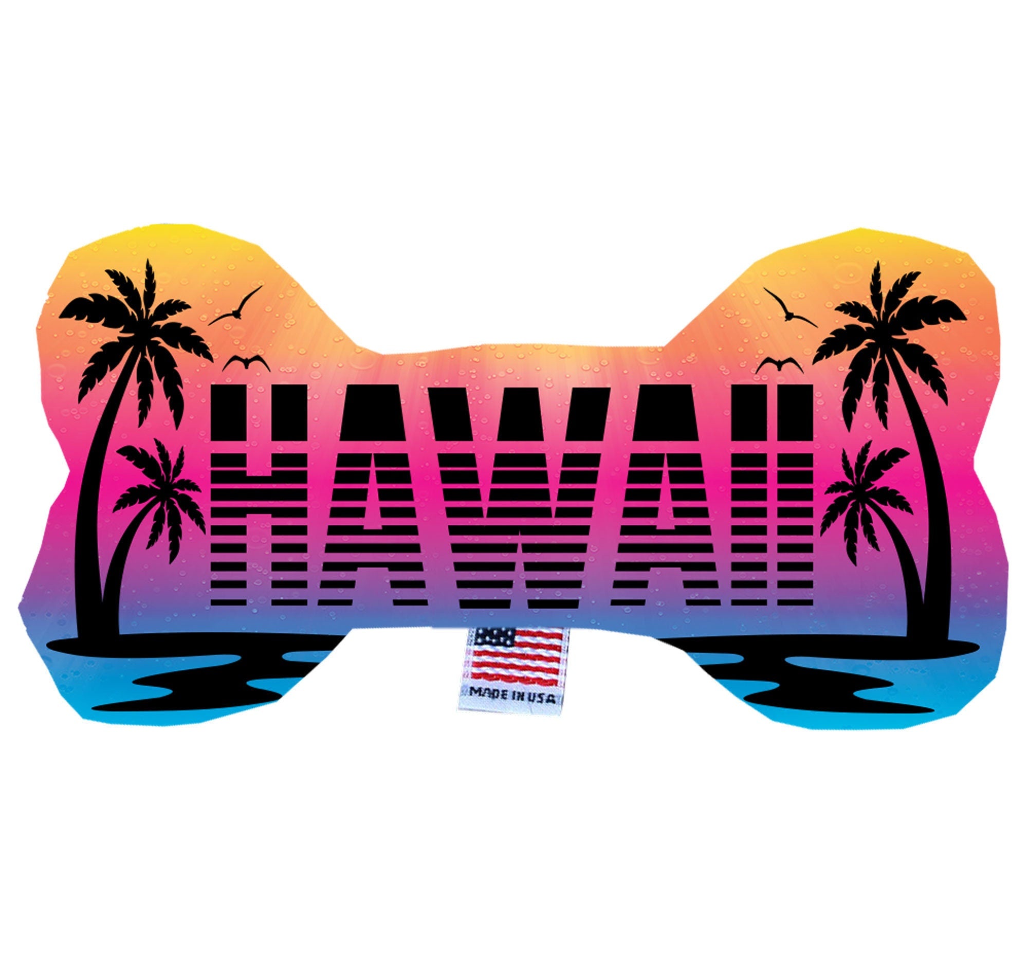 A colorful assortment of handmade plush bone toys featuring Hawaii State designs, perfect for dogs of all sizes.