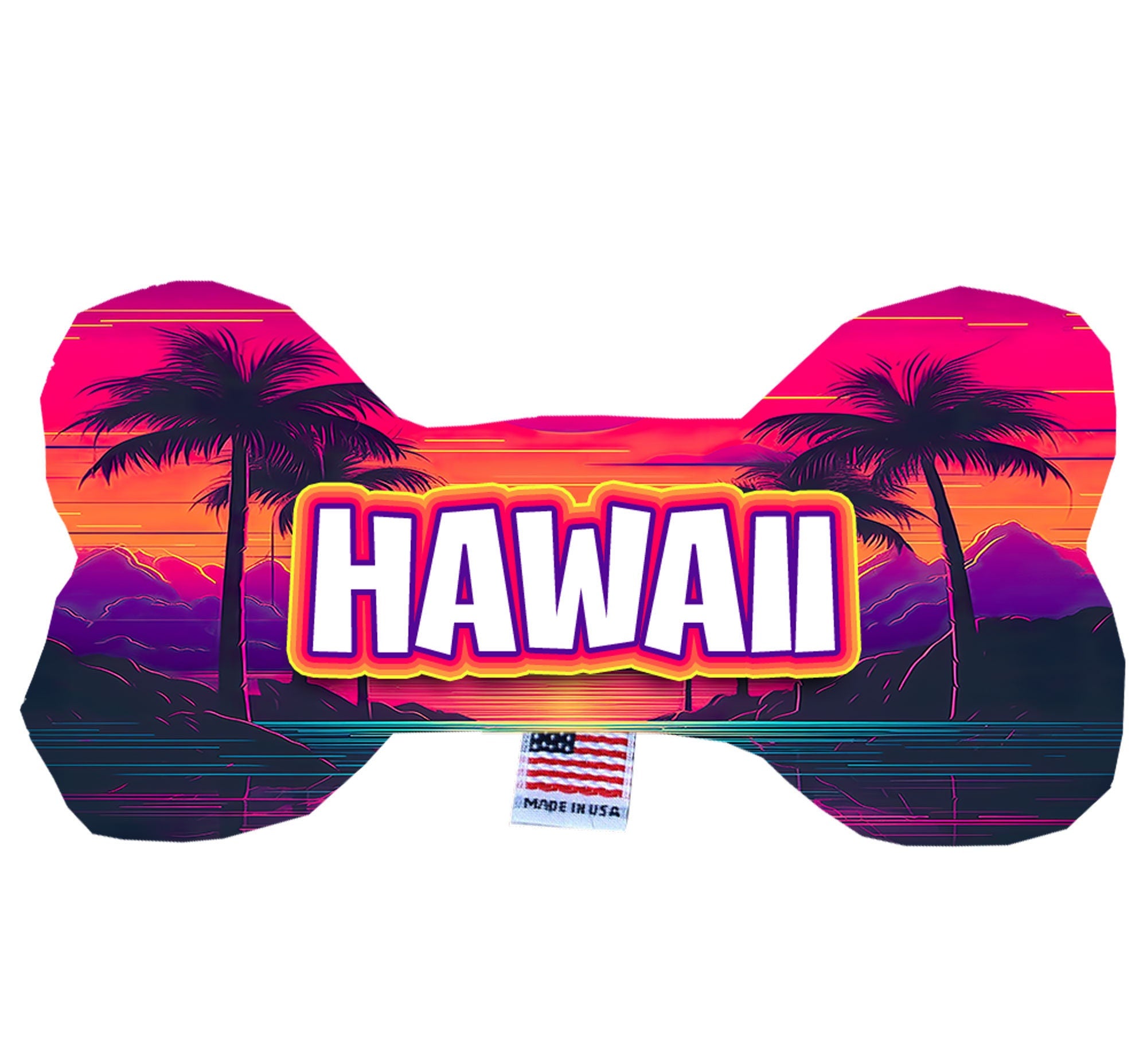 A colorful assortment of handmade plush bone toys featuring Hawaii State designs, perfect for dogs of all sizes.