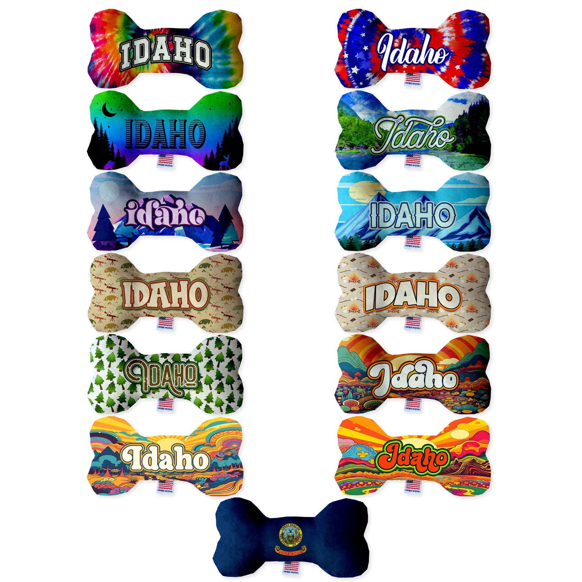 Handmade Idaho State plush bone toys for dogs in various patterns and sizes, featuring squeakers for added fun.